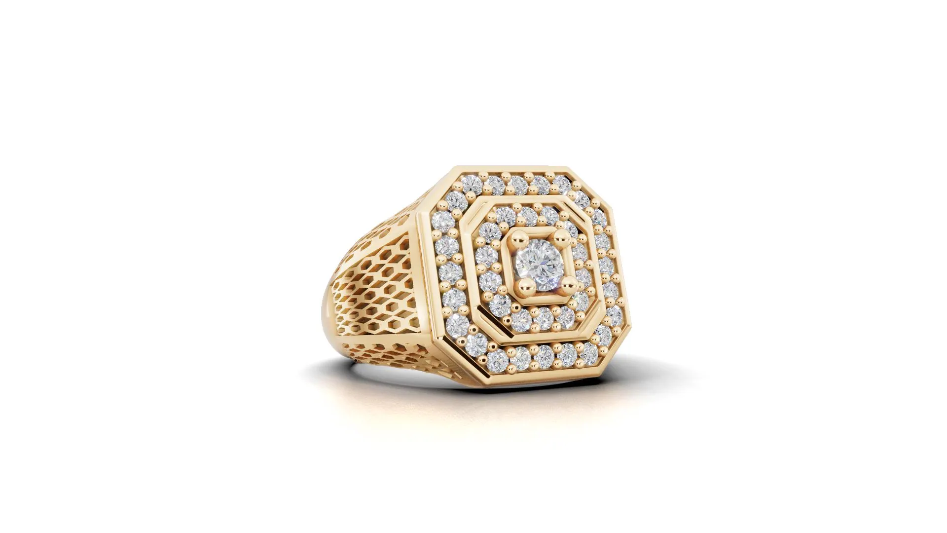 Mens Iced Out Octagon Ring, Full Diamond Signet Ring for Men, Gold Honeycomb Mesh Statement Ring, Hip Hop Bling Jewelry, Gift for Him - image 3