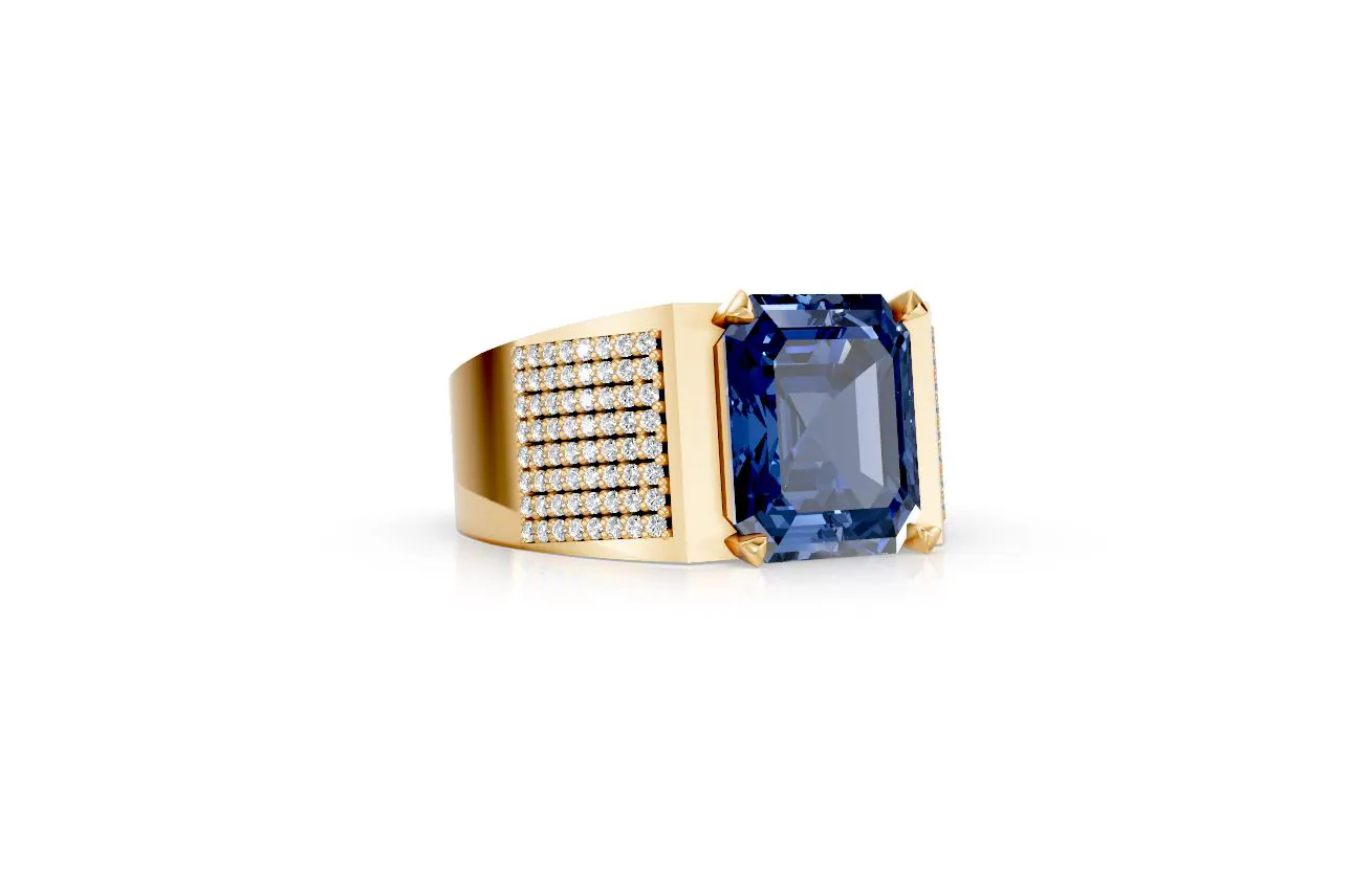 Emerald Cut Blue Sapphire Men Ring, Gold Signet Ring for Men, Iced Out Gemstone Statement Ring, Anniversary Gift for Him, Mens Fine Jewelry - image 5