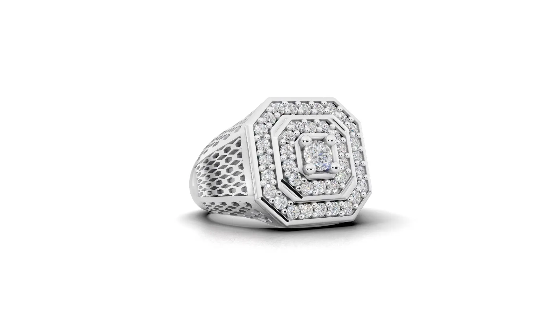 Mens Iced Out Octagon Ring, Full Diamond Signet Ring for Men, Gold Honeycomb Mesh Statement Ring, Hip Hop Bling Jewelry, Gift for Him - image 4
