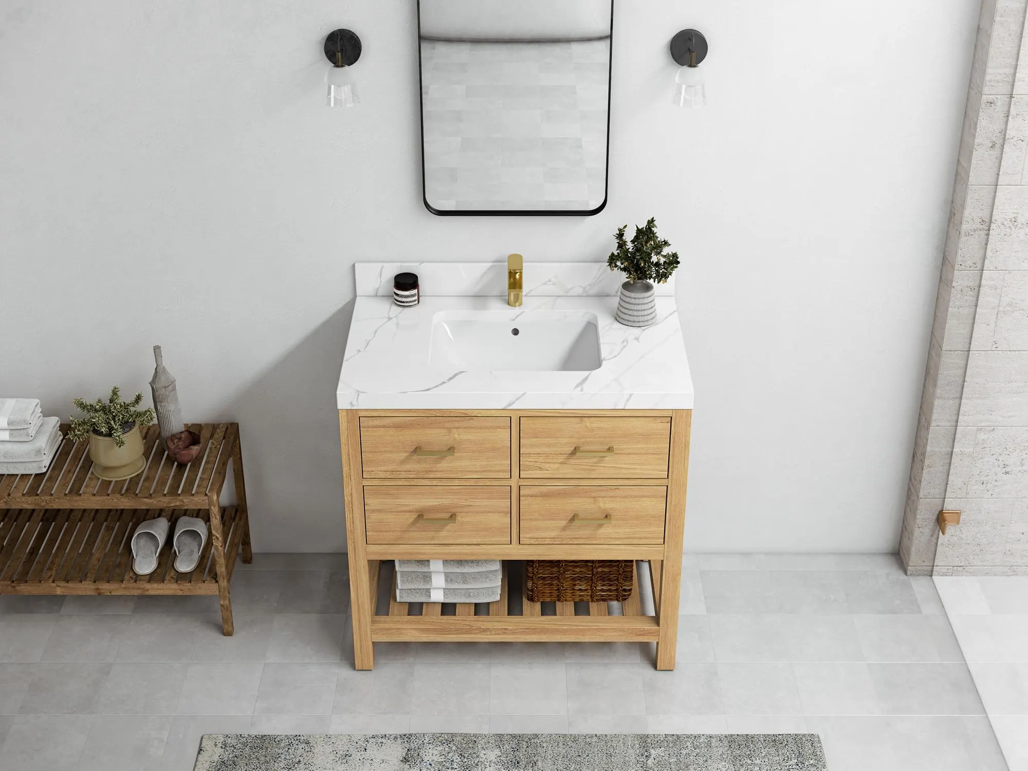 Parker 36 in. W x 22 in. D Single Sink Bathroom Vanity in Light Natural with Quartz or Marble Countertop | Mid Century Modern Vanity - image 5