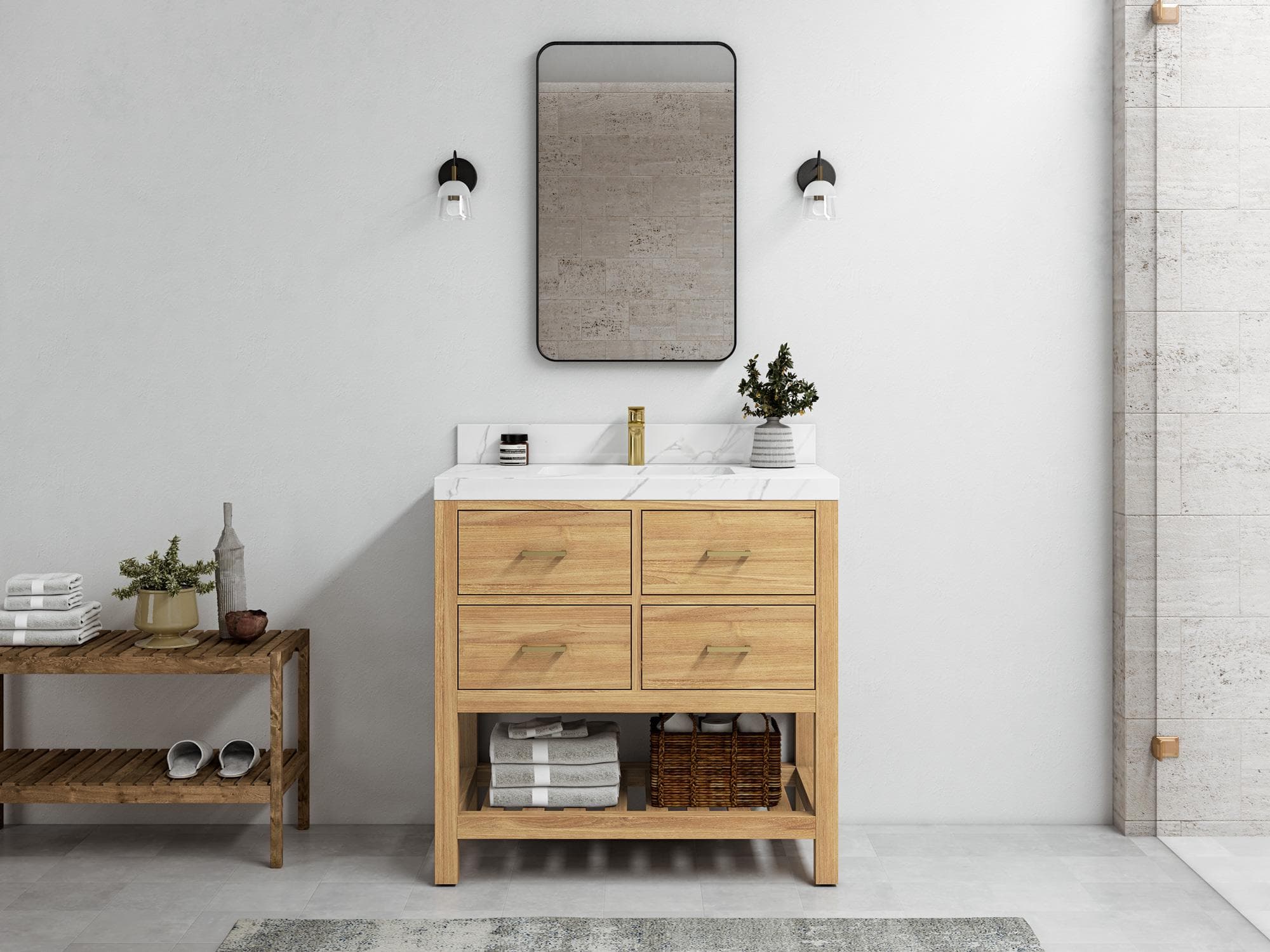 Parker 36 in. W x 22 in. D Single Sink Bathroom Vanity in Light Natural with Quartz or Marble Countertop | Mid Century Modern Vanity - image 4