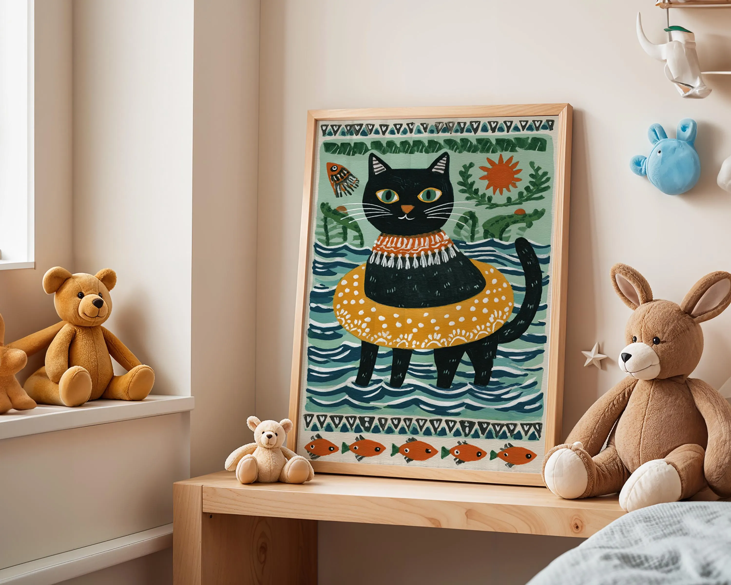 Swimming Cat Nursery Poster | Playful Folk Art Print - image 4