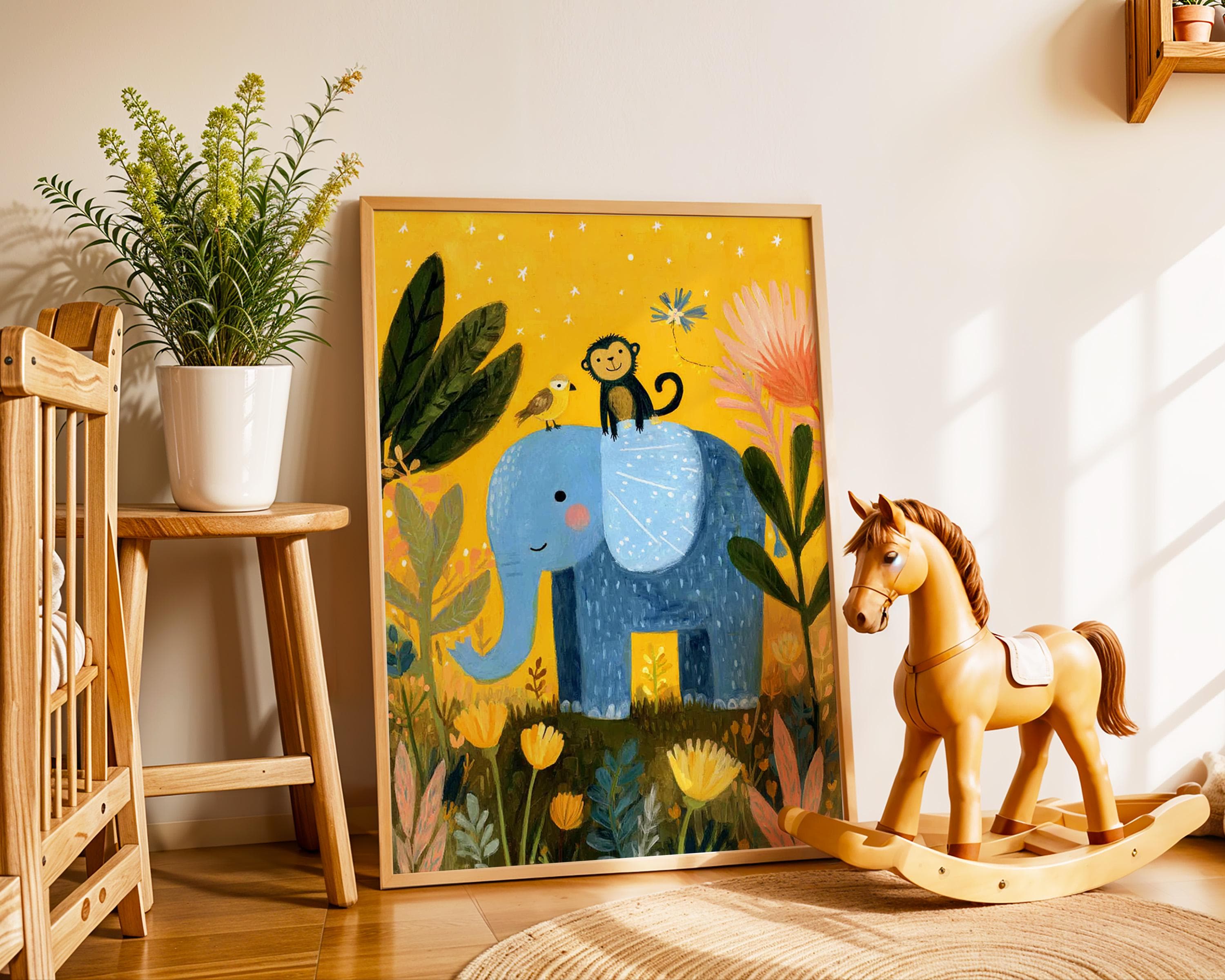 Elephant Monkey Nursery Print | Whimsical Jungle Animal Kids Room Art - image 3