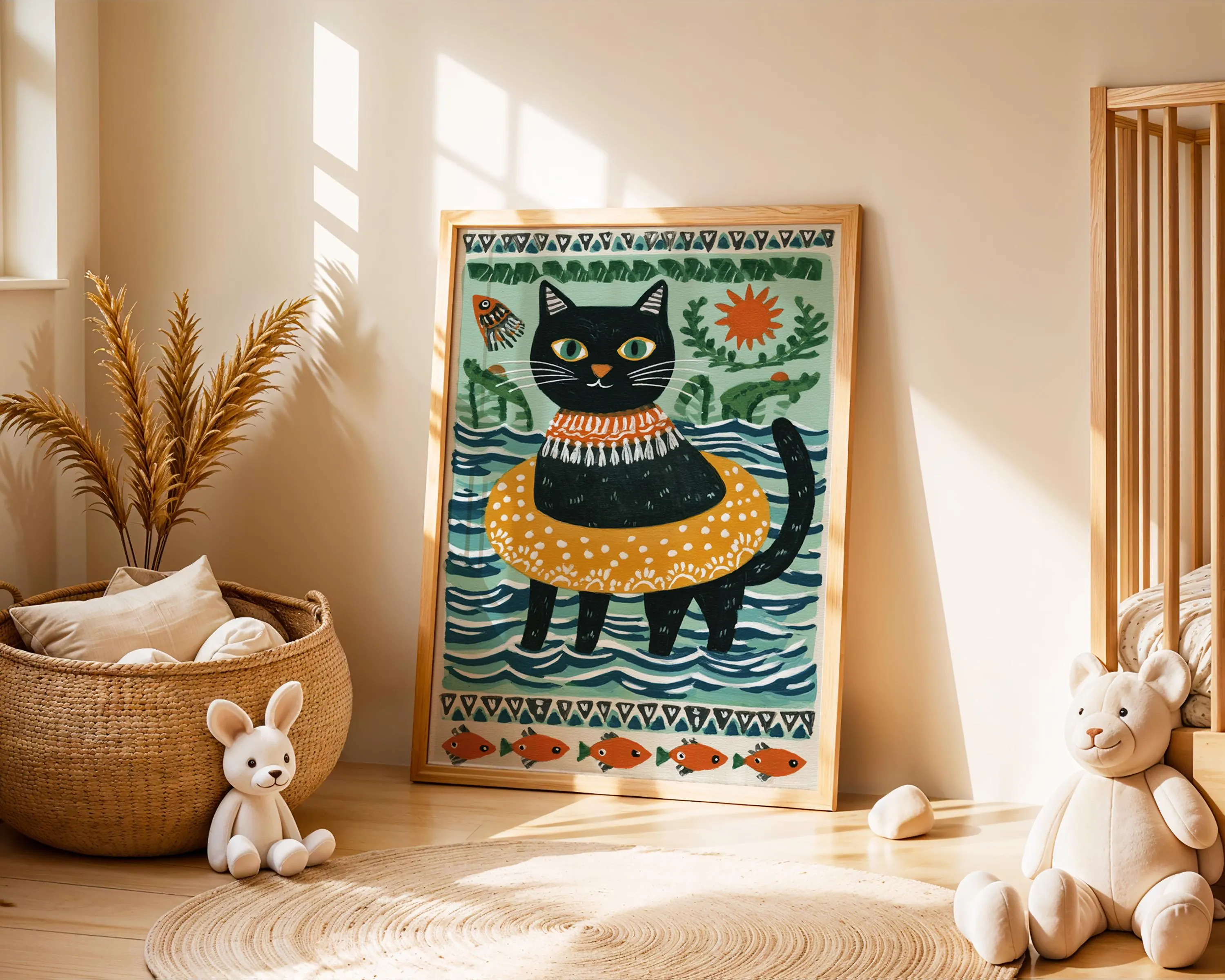 Swimming Cat Nursery Poster | Playful Folk Art Print - image 5