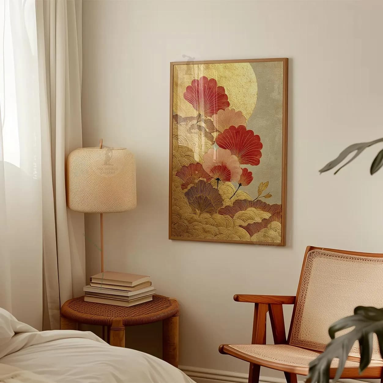 Red And Gold Floral Poster Print | Beige Japanese Botanical Wall Art | Sunlit Flower Illustration - image 3