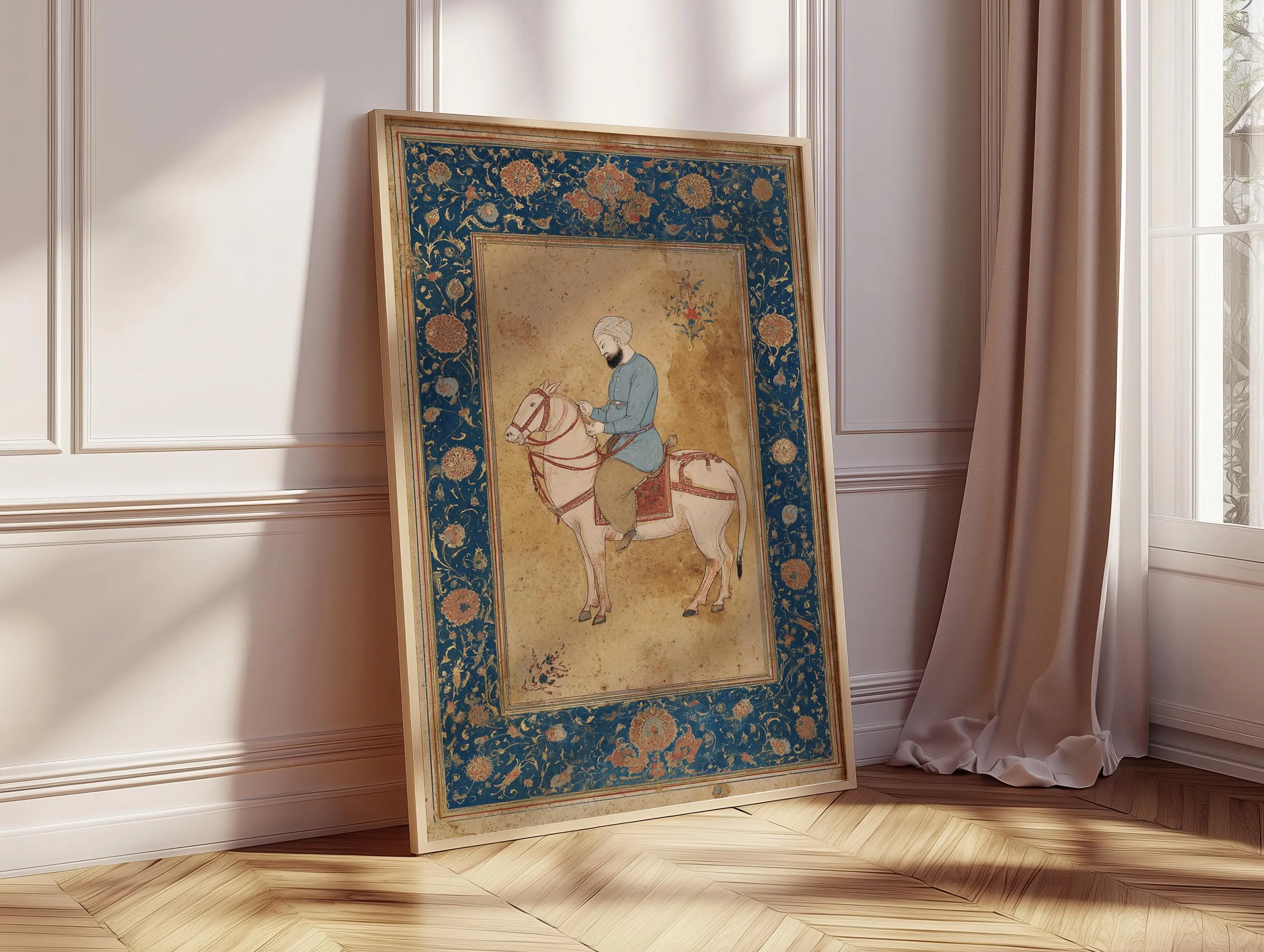 Mughal Miniature Horseman Art Print, Vintage Indian Painting Poster, Blue Ornamental Frame Wall Art - image 3