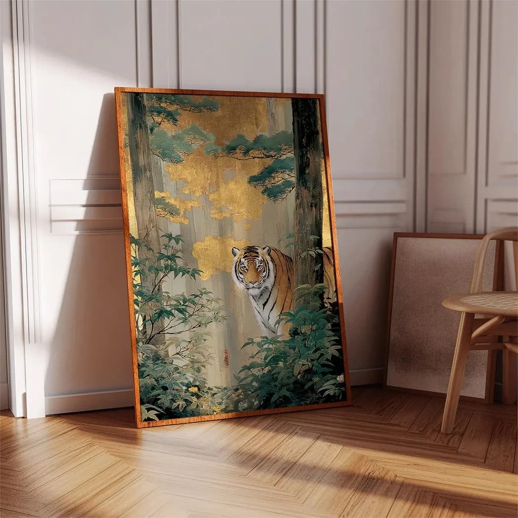 Golden Tiger Wall Art, Japanese Style Jungle Painting, Bengal Tiger Print, Nature Wildlife Poster, Luxurious Gold Leaf Forest Decor - image 5