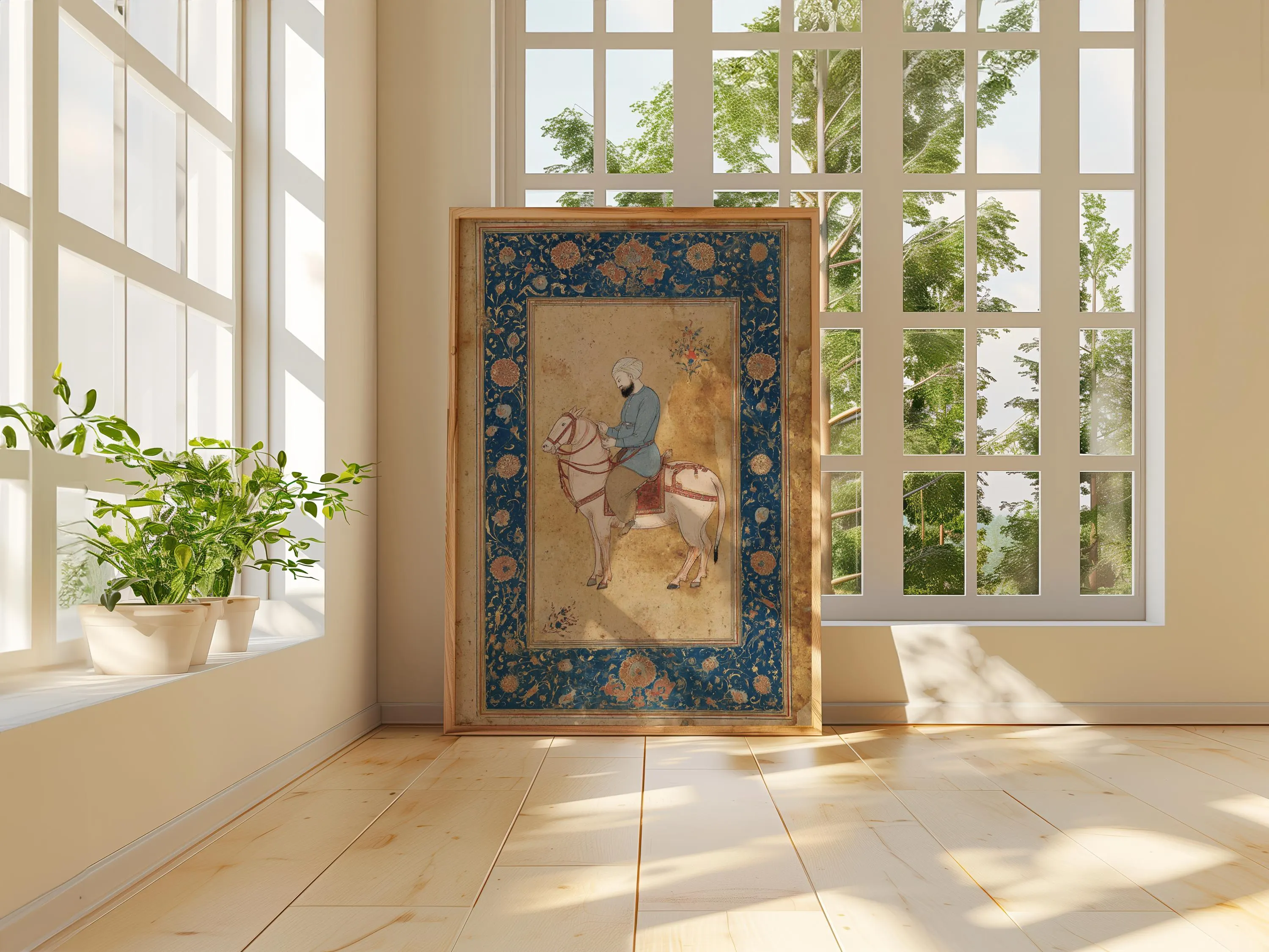 Mughal Miniature Horseman Art Print, Vintage Indian Painting Poster, Blue Ornamental Frame Wall Art - image 5