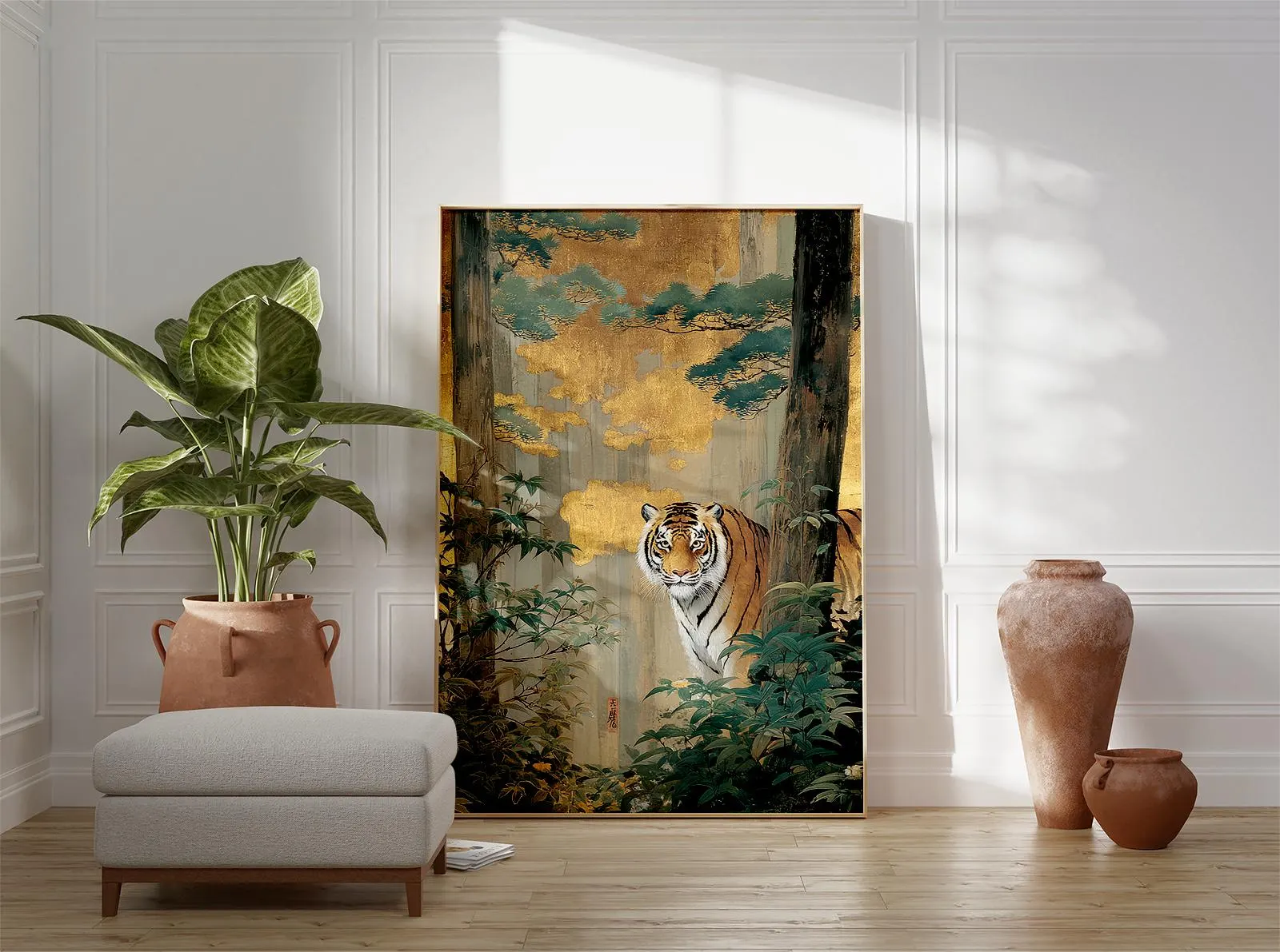 Golden Tiger Wall Art, Japanese Style Jungle Painting, Bengal Tiger Print, Nature Wildlife Poster, Luxurious Gold Leaf Forest Decor - image 4