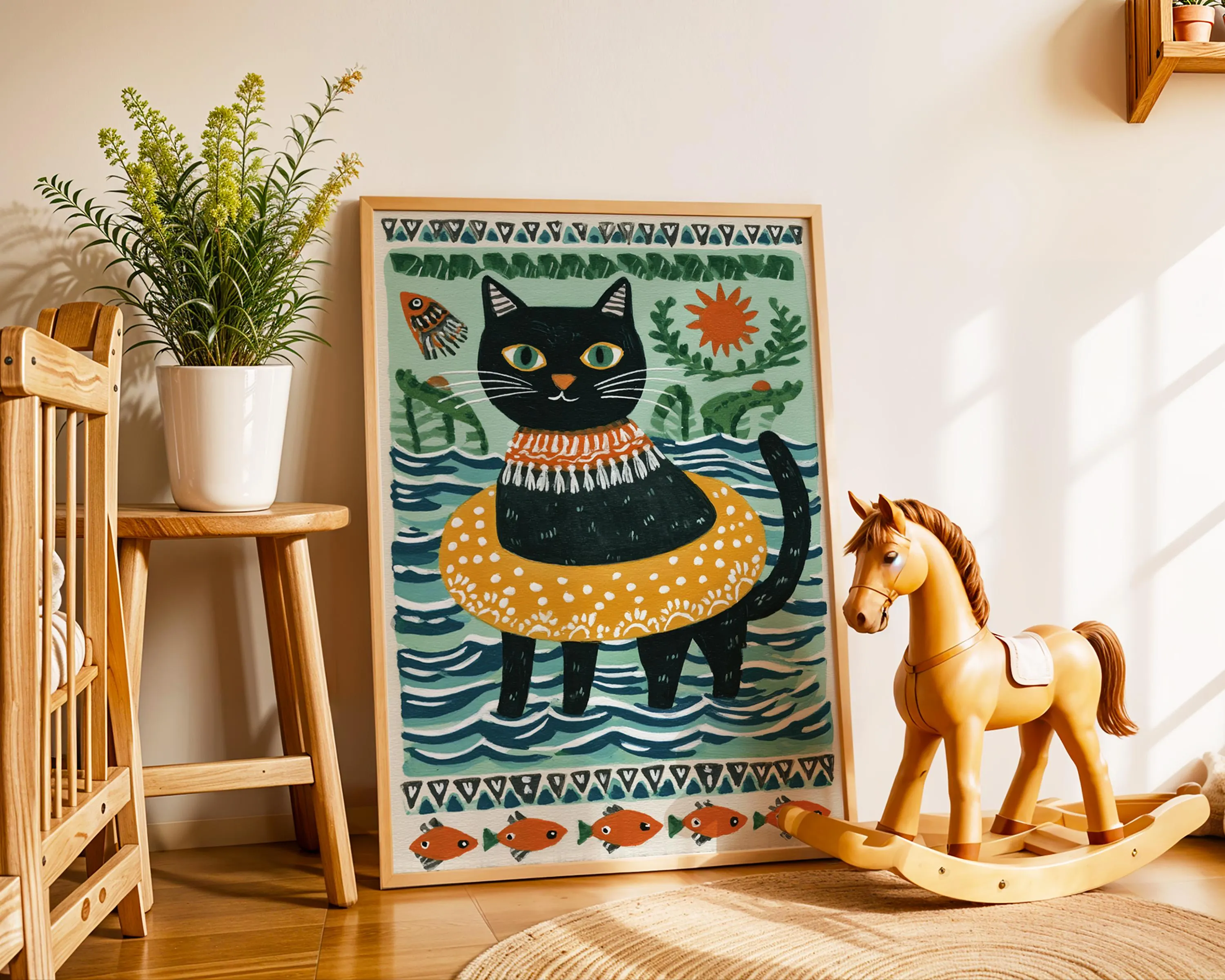 Swimming Cat Nursery Poster | Playful Folk Art Print - image 3