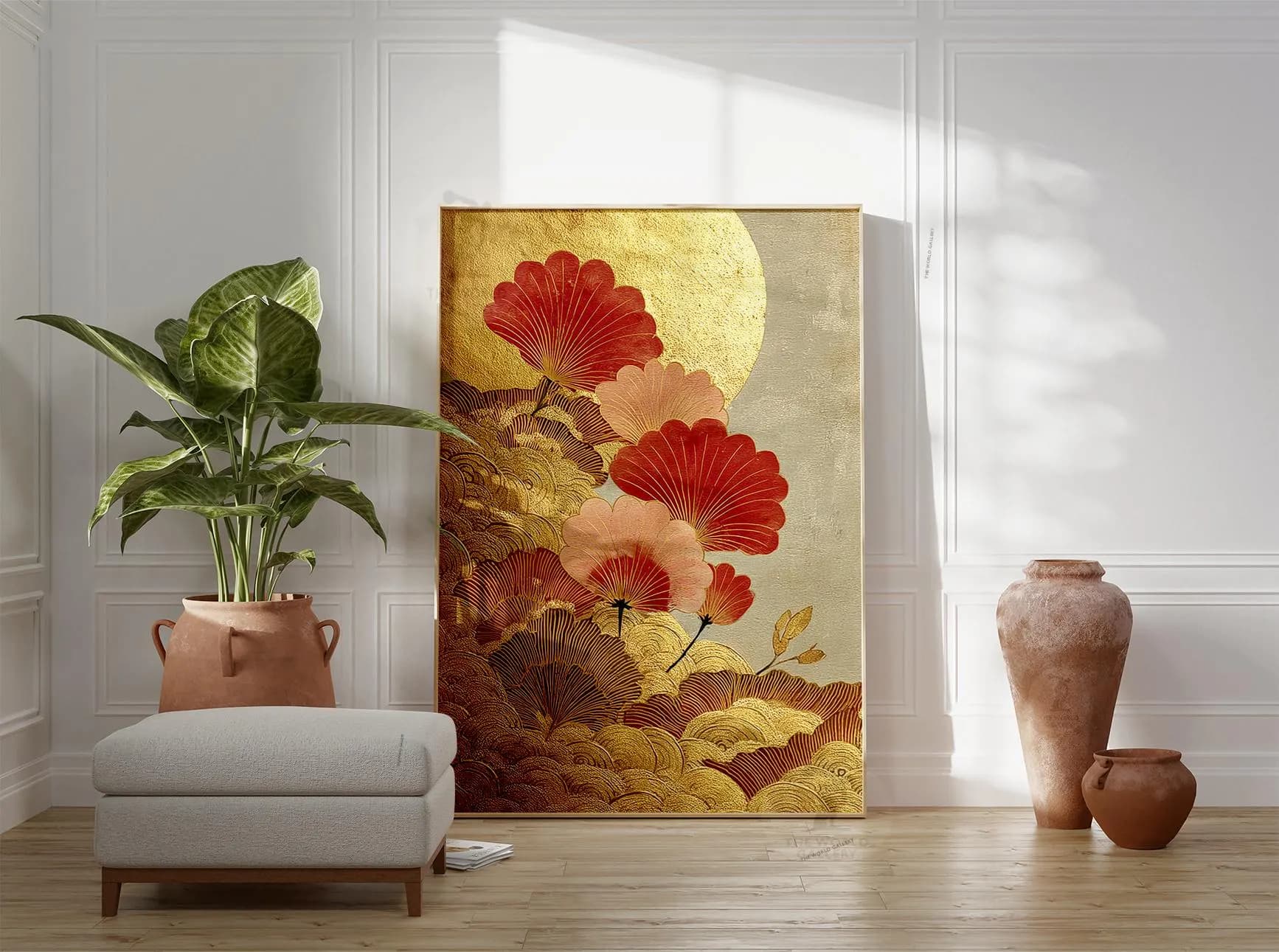 Red And Gold Floral Poster Print | Beige Japanese Botanical Wall Art | Sunlit Flower Illustration - image 4