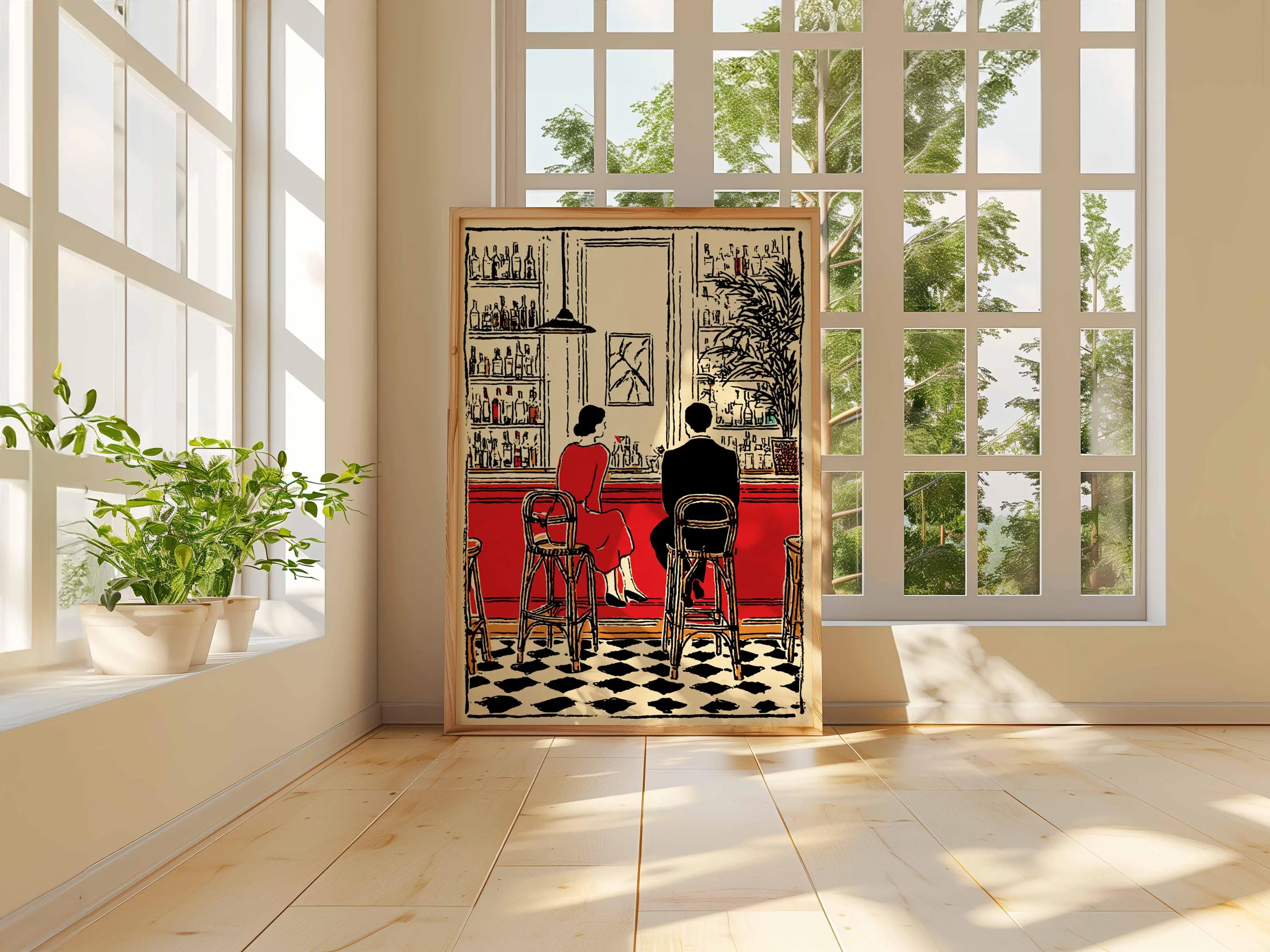 Romantic Bar Scene Art Print, Vintage Couple Poster, Retro Cocktail Bar Wall Art, Modern Line Illustration, Unframed Home Decor - image 5