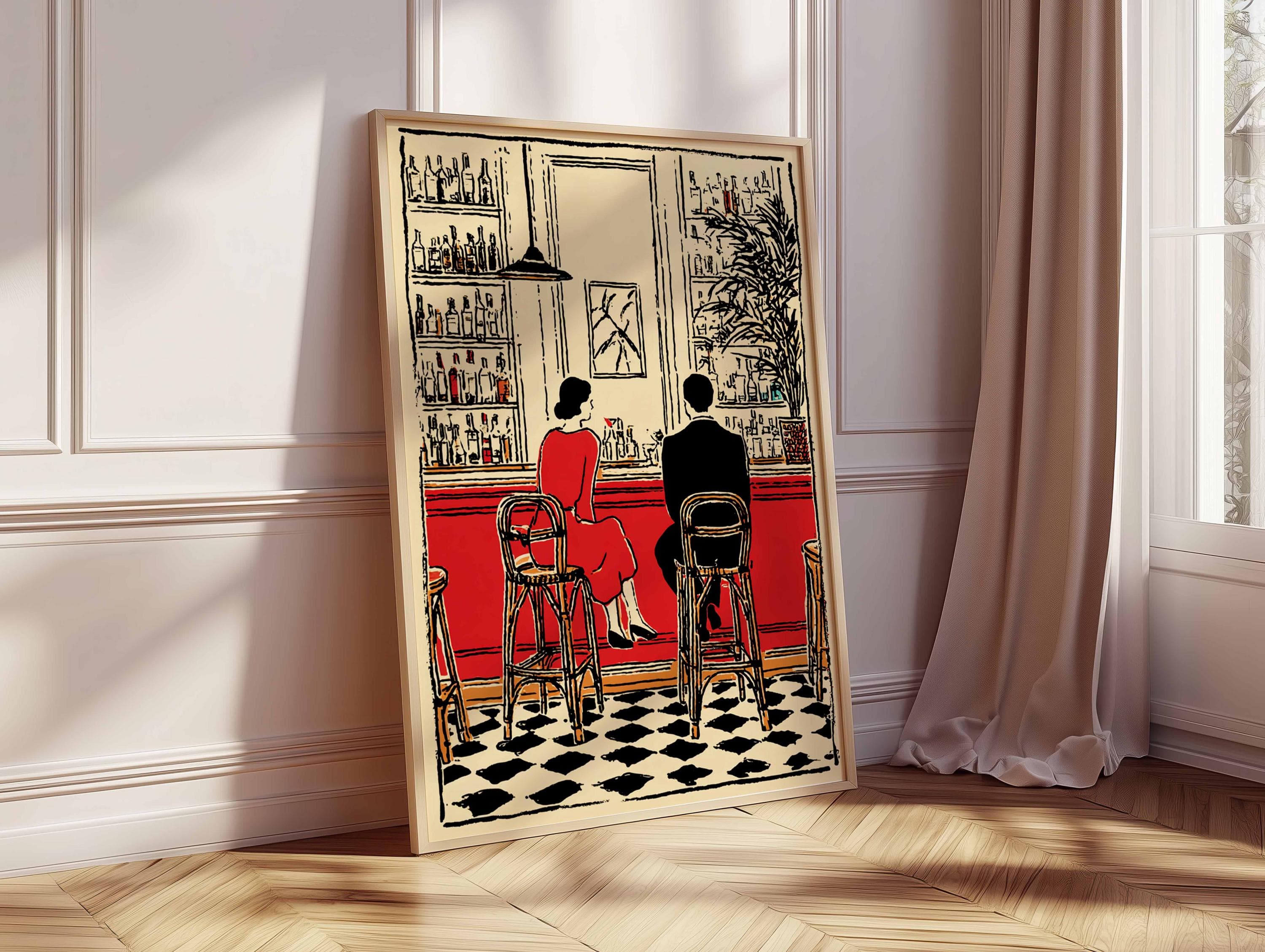 Romantic Bar Scene Art Print, Vintage Couple Poster, Retro Cocktail Bar Wall Art, Modern Line Illustration, Unframed Home Decor - image 3