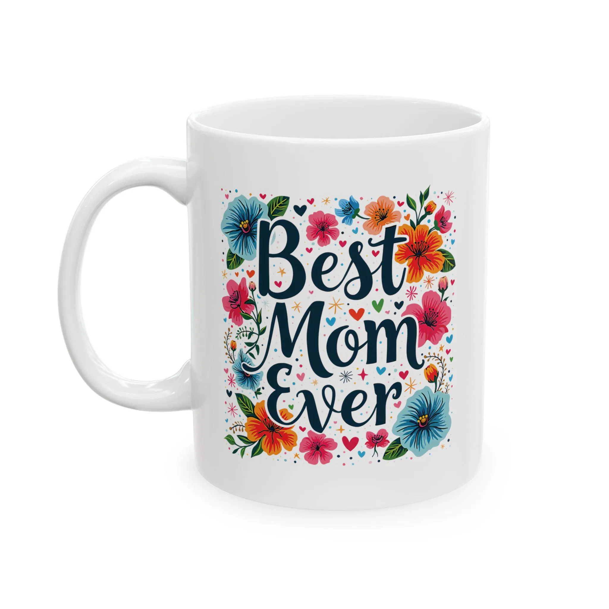 Celebrate the special bond you share with your mom by gifting her this "Best Mom Ever" colorful Floral Ceramic Mug. This elegant white ceramic coffee cup, adorned with vibrant floral designs has the words printed as "Best Mom Ever" in stylish font. It is the perfect way to show appreciation on Mother's Day, her birthday, or any day you want to make her feel special. This coffee mug is Lead and BPA Free, Microwave and dishwasher safe, and available in two sizes 11oz (0.33 l) and 15oz (0.44l).