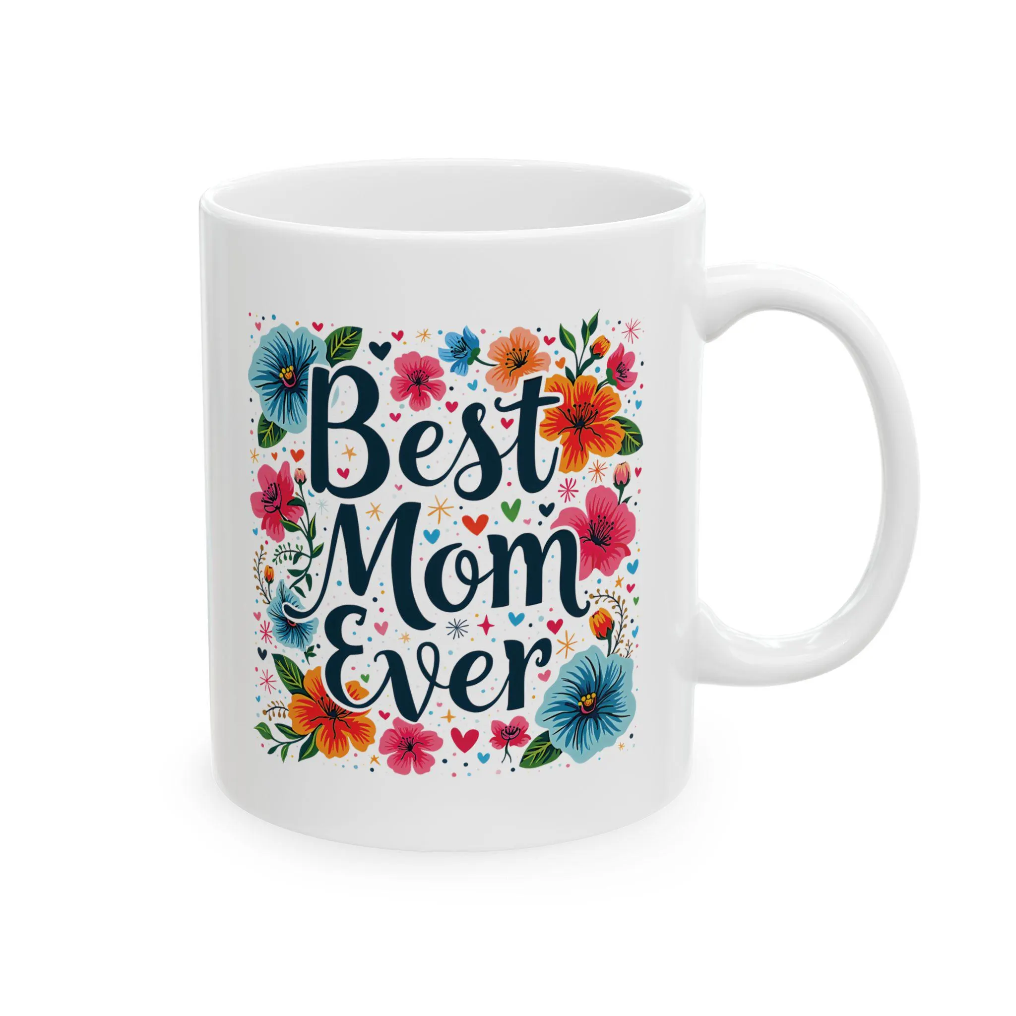 Celebrate the special bond you share with your mom by gifting her this "Best Mom Ever" colorful Floral Ceramic Mug. This elegant white ceramic coffee cup, adorned with vibrant floral designs has the words printed as "Best Mom Ever" in stylish font. It is the perfect way to show appreciation on Mother's Day, her birthday, or any day you want to make her feel special. This coffee mug is Lead and BPA Free, Microwave and dishwasher safe, and available in two sizes 11oz (0.33 l) and 15oz (0.44l).
