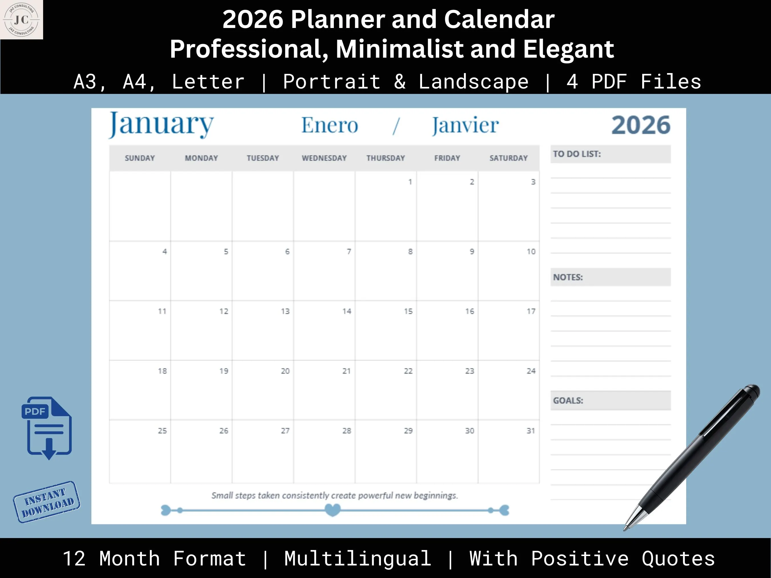 2026 Monthly Work Planner | Printable PDF with Notes Goals To-Do | 2026 Planner & Calendar | A4 A3 US Letter | Digital Planner 2026