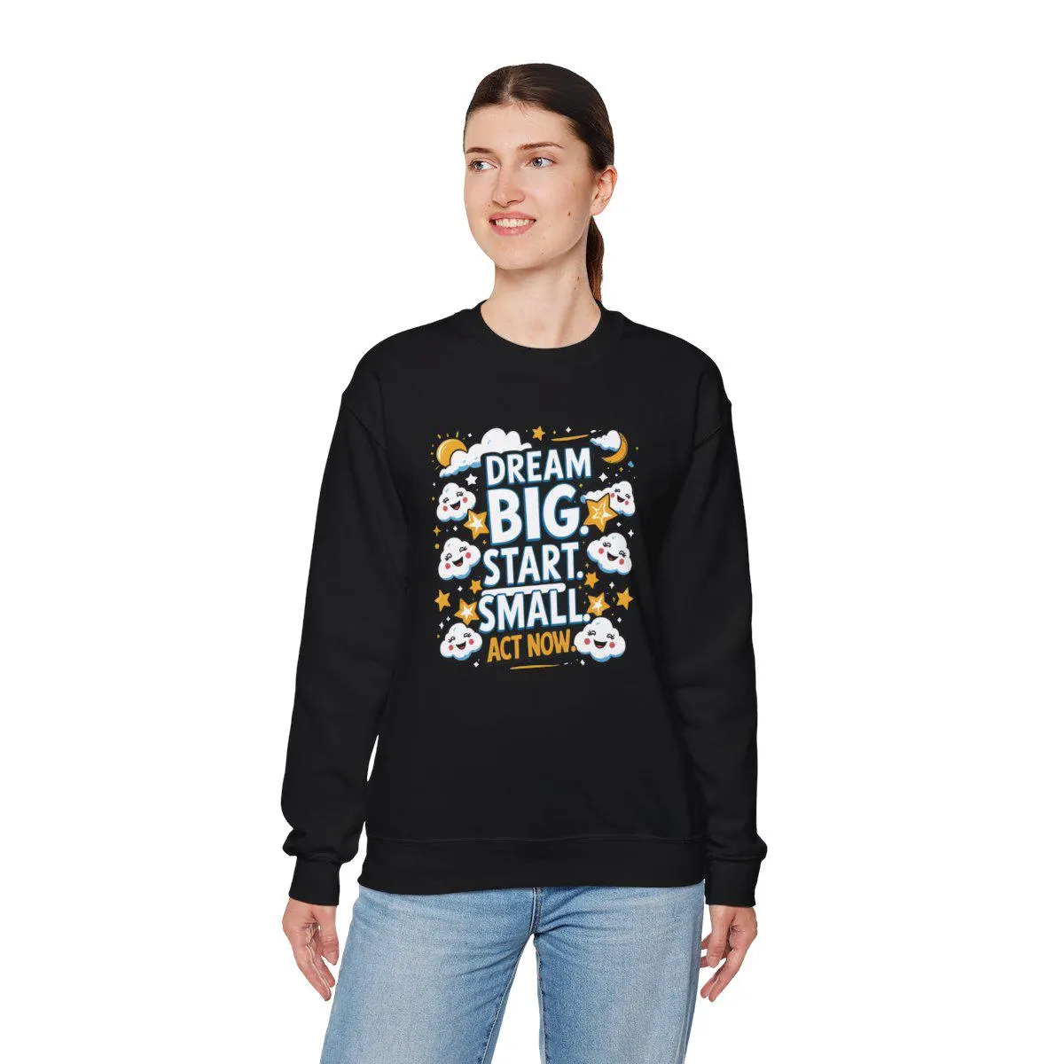 Unisex Gildan 18000 sweatshirt with motivational quote: "Dream Big. Start Small. Act Now." Soft fleece crewneck in multiple colors and sizes S–5XL. This inspirational jumper blends comfort with action mantra style. Ideal mindset apparel for students, entrepreneurs, and goal-setters. A cozy, heavy blend positive message sweater for personal growth, self-care, and everyday motivation.