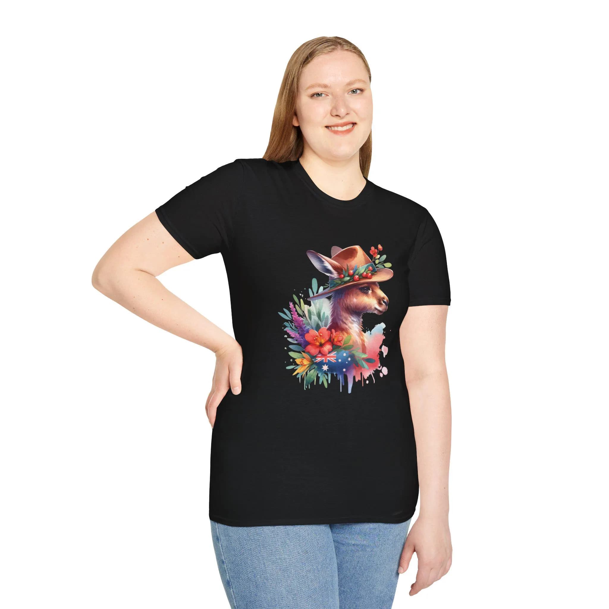 Show off your Aussie pride with this adorable unisex Gildan 64000 tee featuring a cute kangaroo wearing a floral hat with an Australian flag design! Perfect for Australia Day, casual wear, or gifting, this softstyle cotton tee combines comfort and style. Available in multiple colors and sizes S-3XL. Great for animal lovers, Australia-themed parties, or anyone who loves unique graphic tees. Kangaroo shirt, Australian animal tee. #AussieKangaroo #AustraliaTee #KangarooShirt