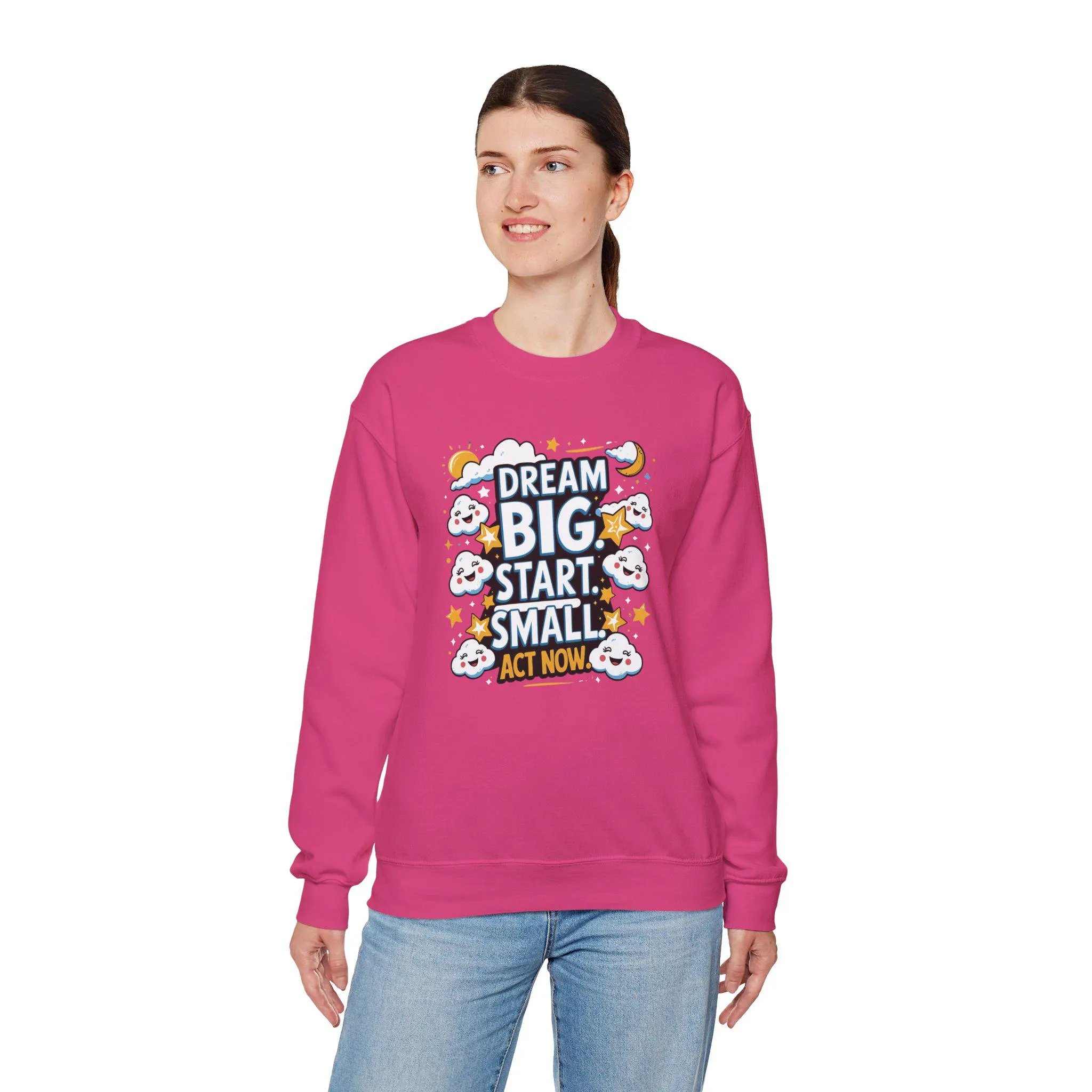 Unisex Gildan 18000 sweatshirt with motivational quote: "Dream Big. Start Small. Act Now." Soft fleece crewneck in multiple colors and sizes S–5XL. This inspirational jumper blends comfort with action mantra style. Ideal mindset apparel for students, entrepreneurs, and goal-setters. A cozy, heavy blend positive message sweater for personal growth, self-care, and everyday motivation.