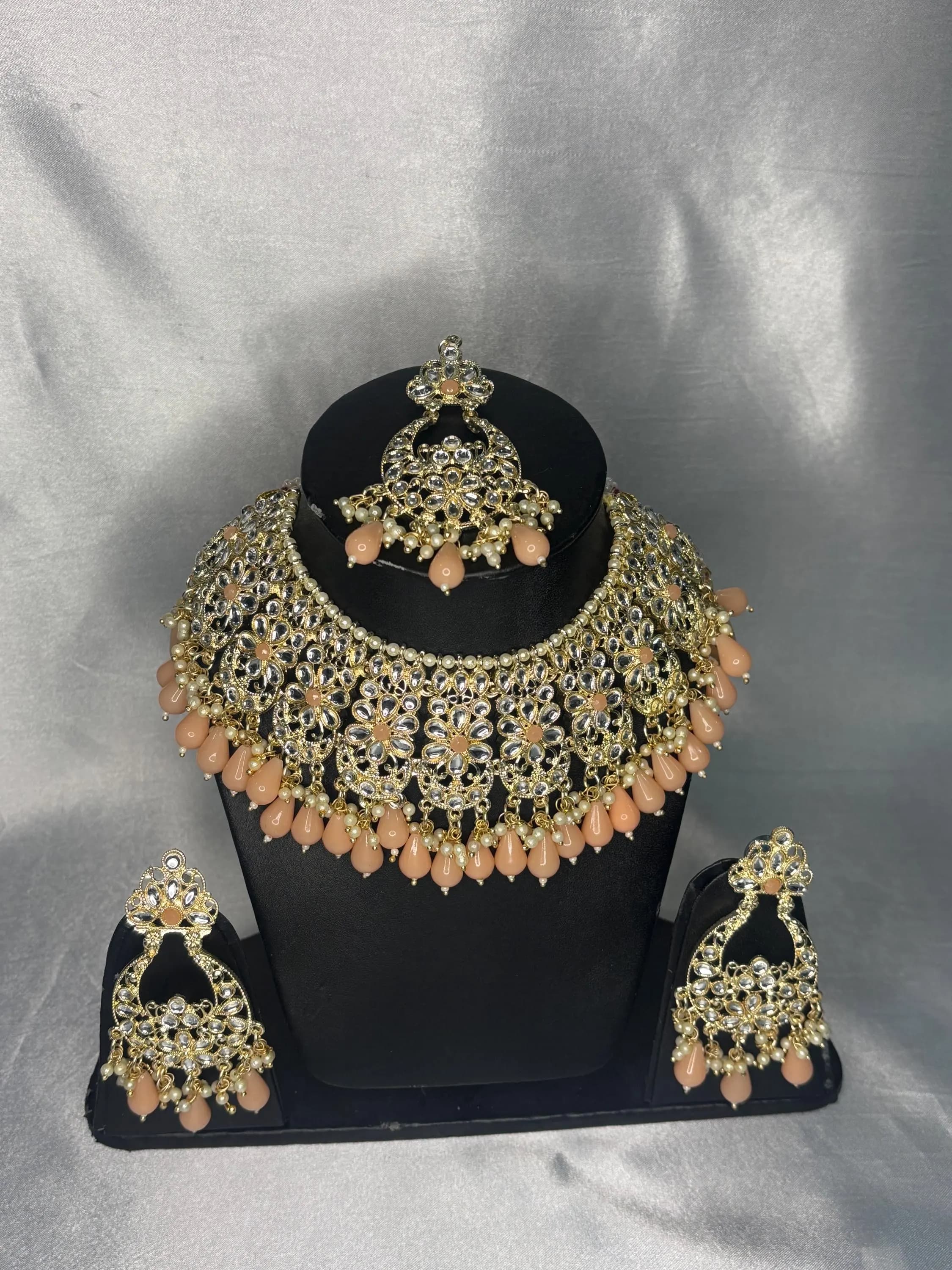 Peach Meenakari Bridal Jewellery Set with Earrings, Maang Tikka | Indian Wedding Necklace - image 3