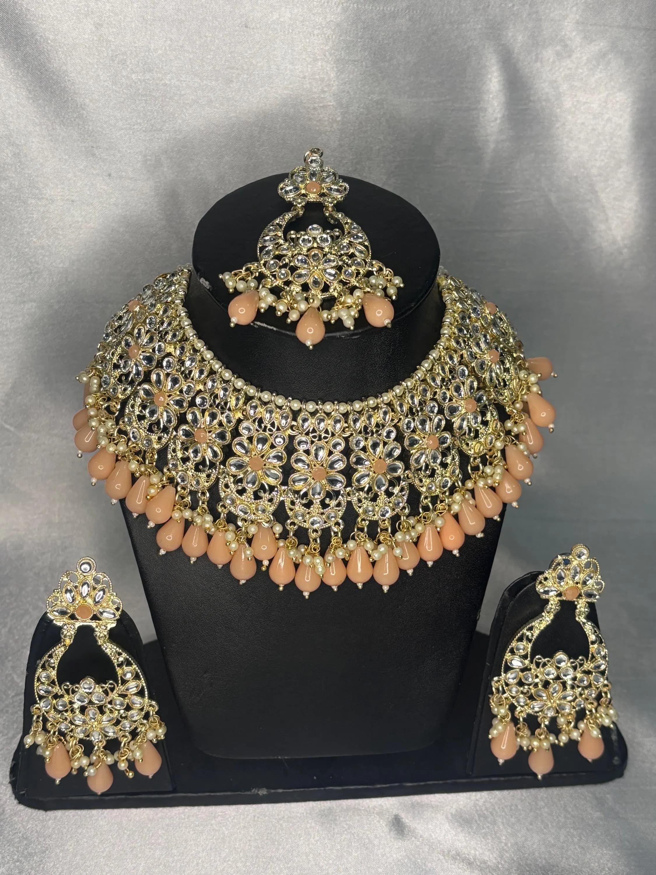 Peach Meenakari Bridal Jewellery Set with Earrings, Maang Tikka | Indian Wedding Necklace - image 4