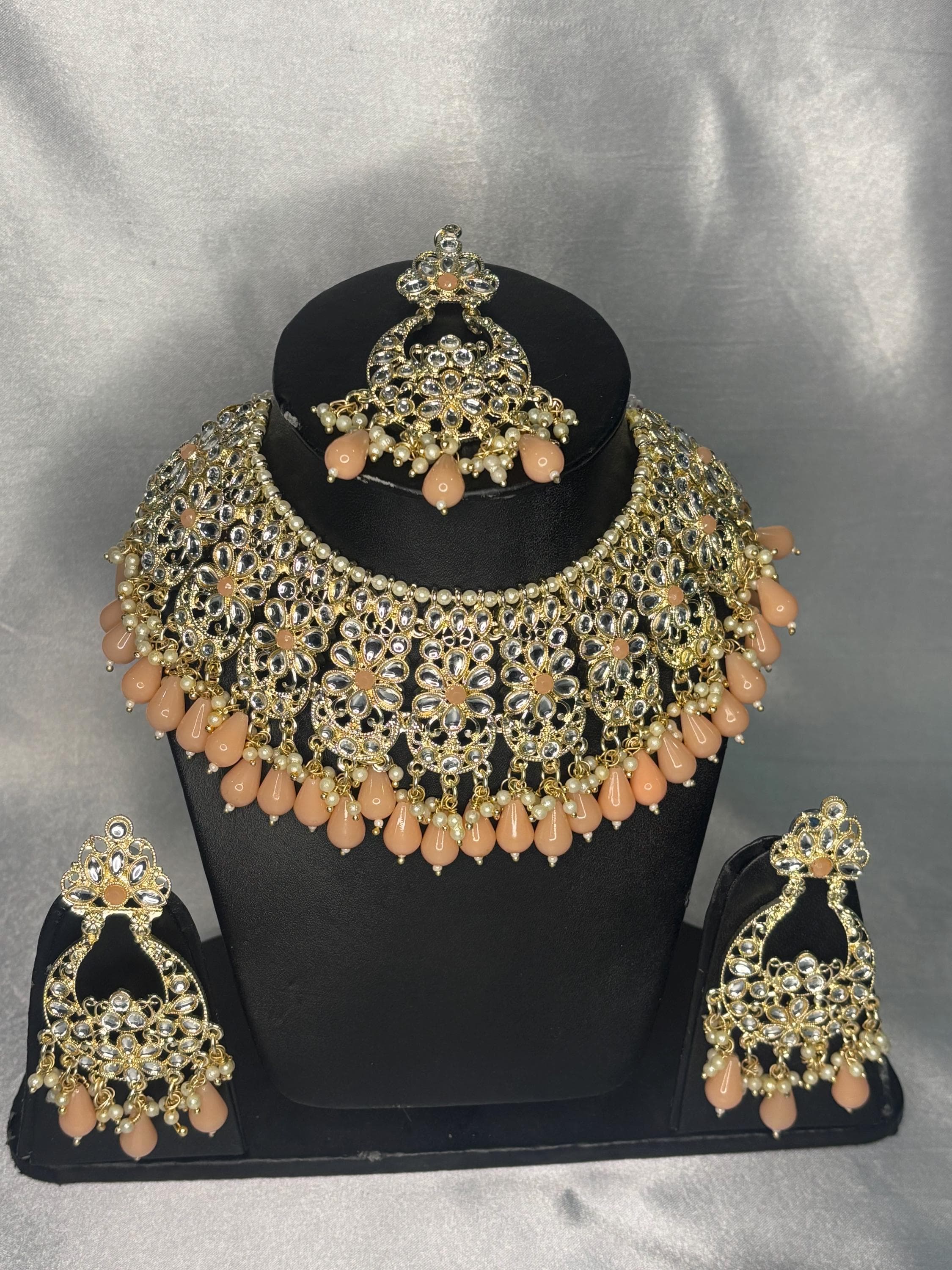 Peach Meenakari Bridal Jewellery Set with Earrings, Maang Tikka | Indian Wedding Necklace - image 5