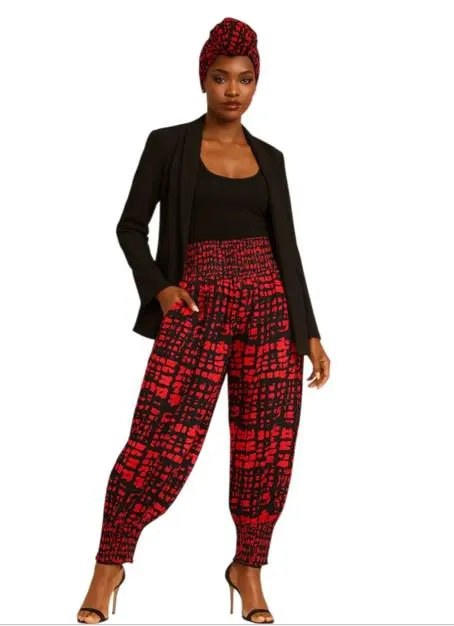 Red and Black Print Harem Pants with Matching Scarf - Smocked Waist - One Size - image 3