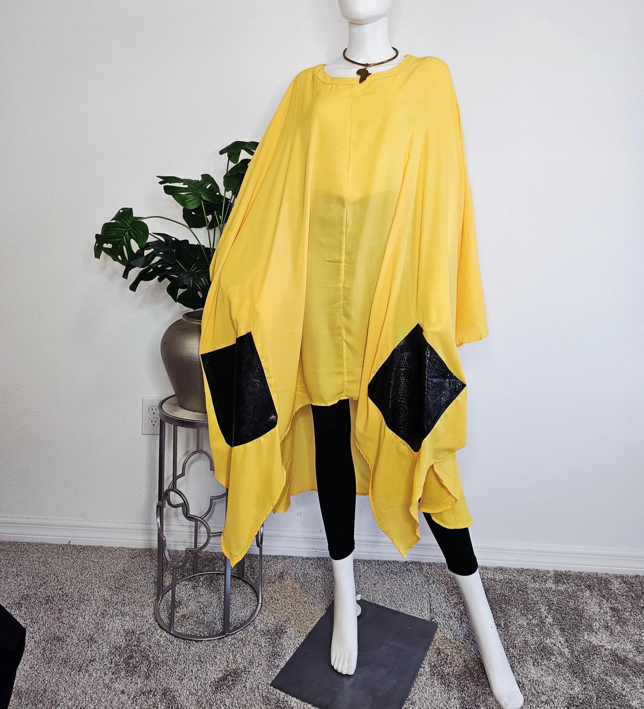 Chiffon Kimono Kaftan Poncho with faux leather pockets