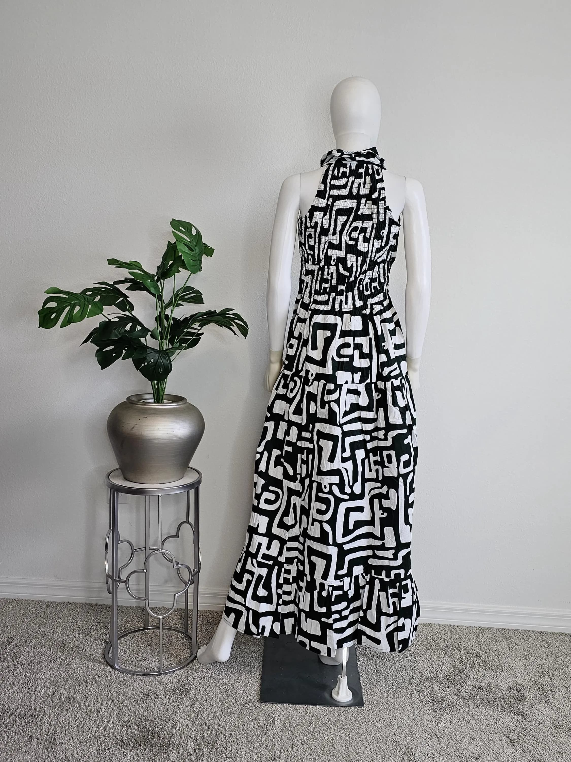 Green & White African Ankara Style Print Long Smocked Maxi Sundress with Head Scarf - image 4