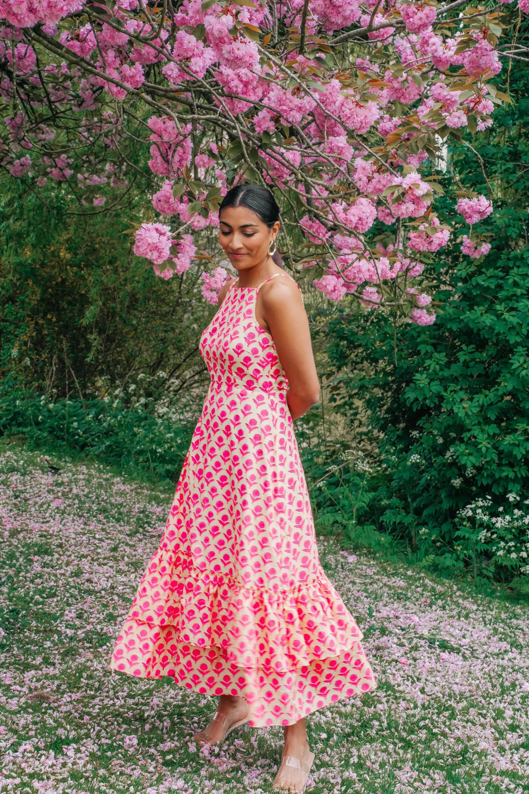 Hand Block Printed Cotton Dress, Boho Halter Sundress Pink Maxi Resort Wear 100% Cotton