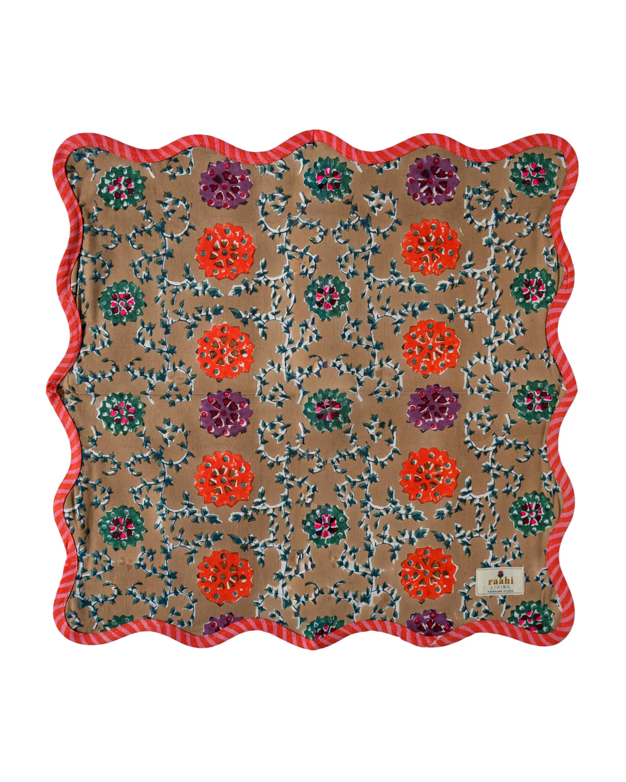 Scalloped Block Print Napkins Set of 4, Golden Floral Cotton Dinner Napkins, Orange Stripe Edge, Autumn Table Linen, Handmade in Jaipur - image 3