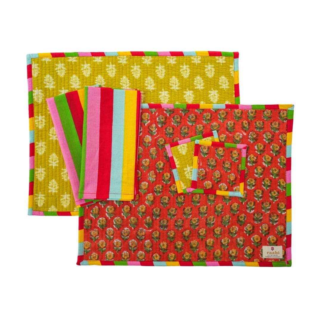 Quilted Rectangle Block Printed Reversible Placemats Set of 2| Reversible Cotton with Colourful Striped Napkins & Coasters | Hand Blocked