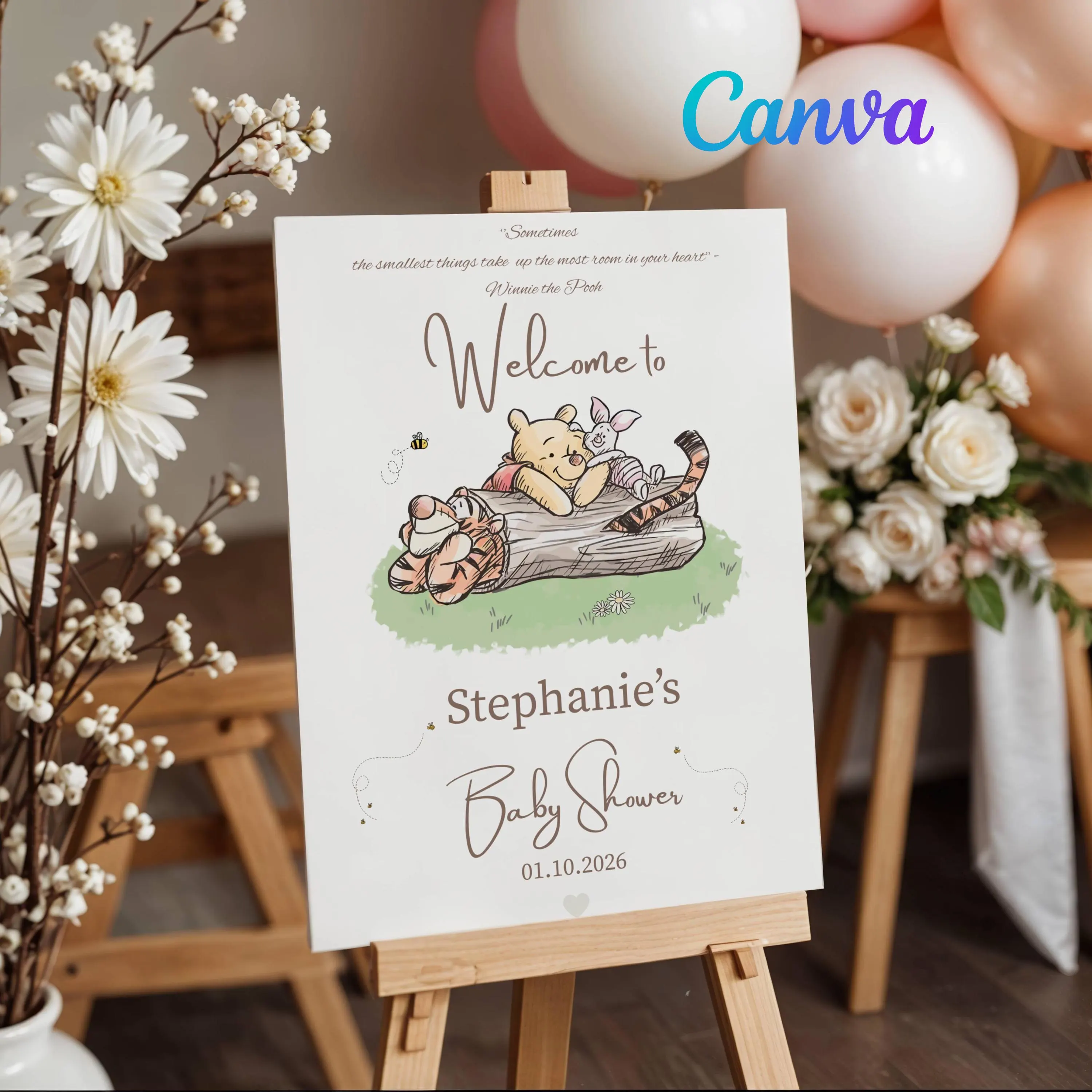 Winnie the Pooh Baby Shower Welcome Sign: Pastel Floral Decor (Digital Download