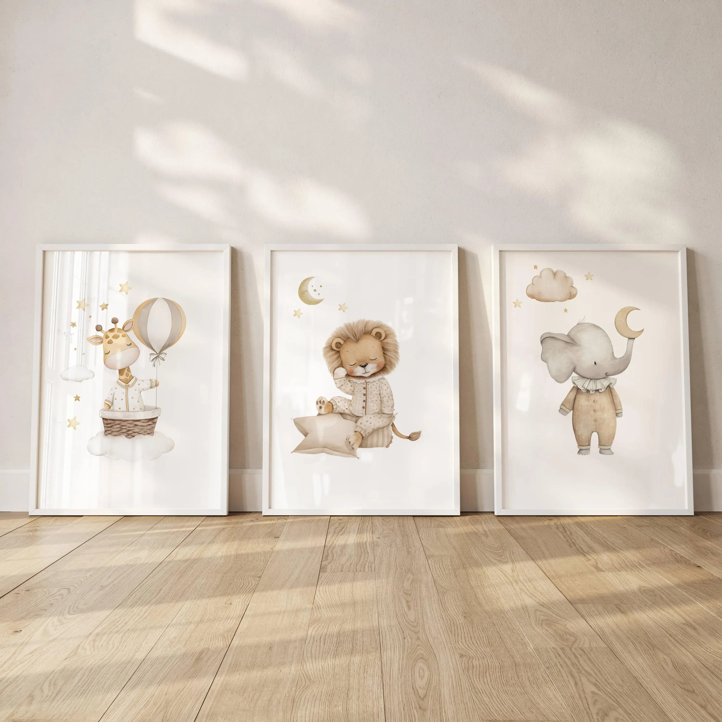 Safari Nursery Animal Wall Art Set – Giraffe, Lion & Elephant Prints (Neutral Boho Style) Bedtime Safari