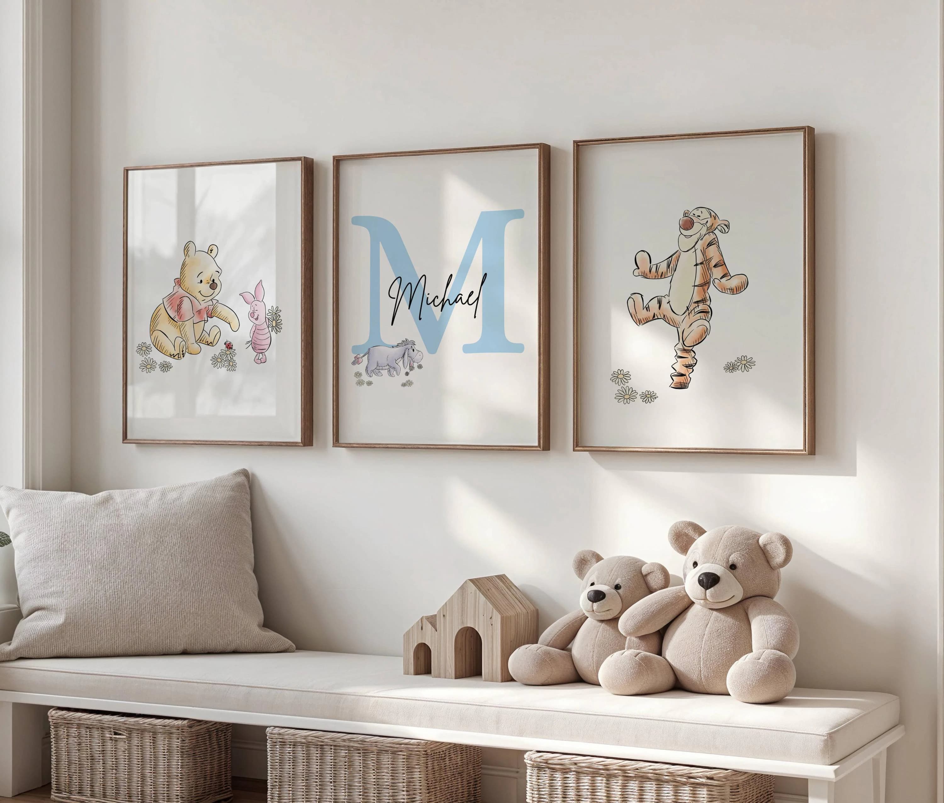 Set of 3 Pooh and Friends, Winnie the Pooh Nursery Prints: Classic Watercolour Art, Custom Nursery Wall Art Prints