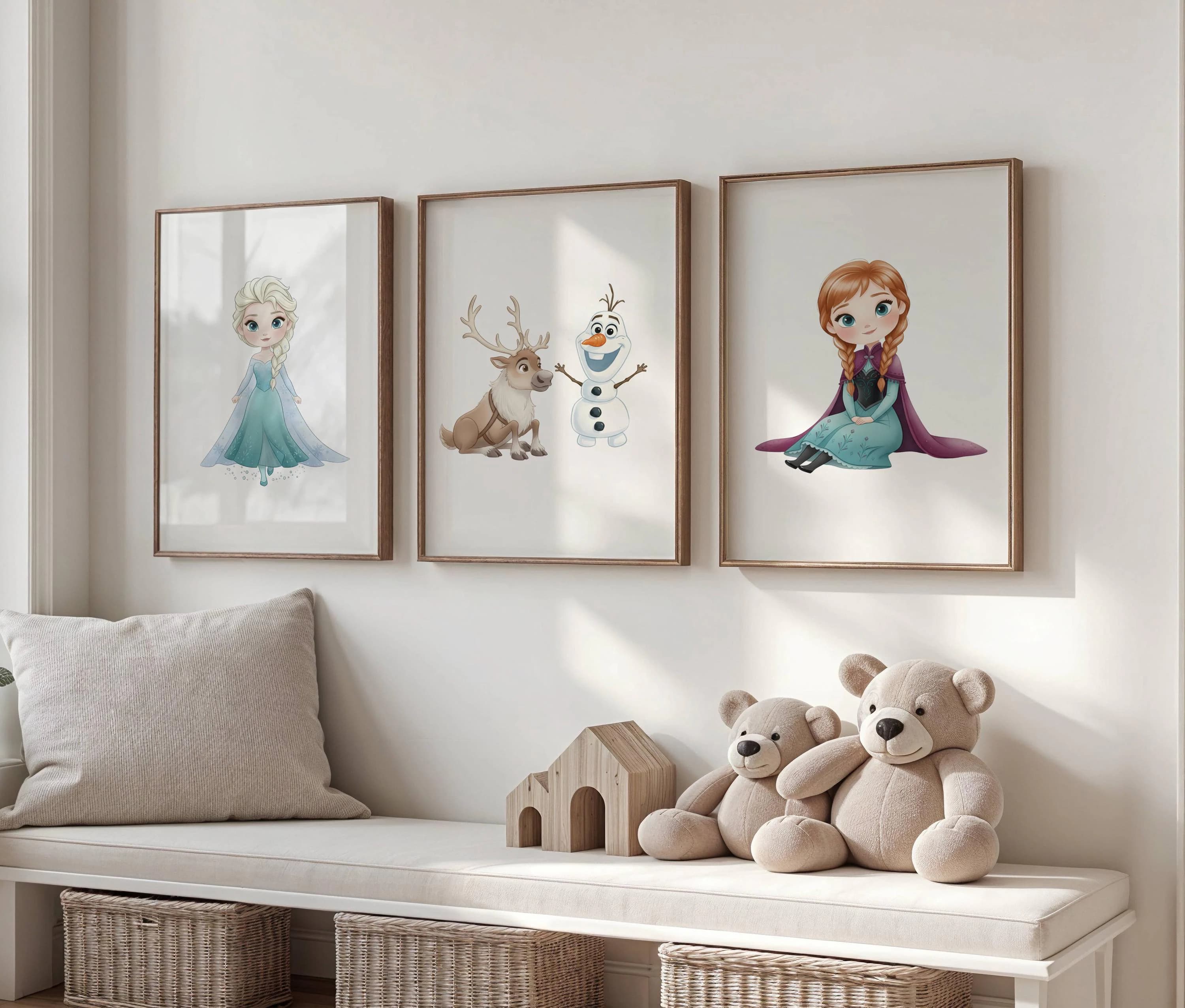 Set Of 3 Drawing Frozen Wall Art - Frozen Poster Set, Girls Room Decor, Nursery Prints, Kids Room decoration, Princess Elsa, Olaf, Anna