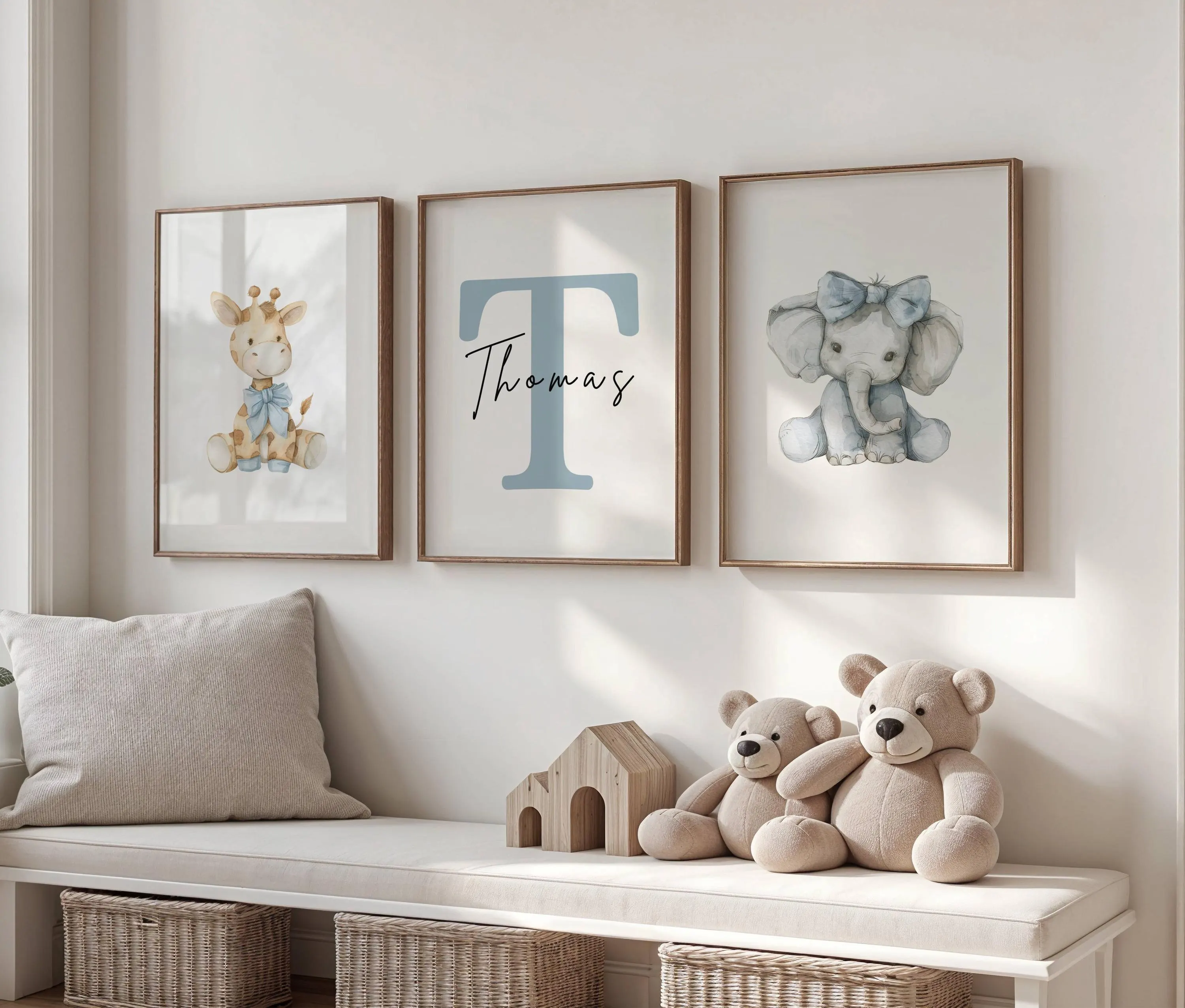 Set of 3 Blue Animal Nursery Prints: Safari Animal Bedroom Decor, Personalised boys room