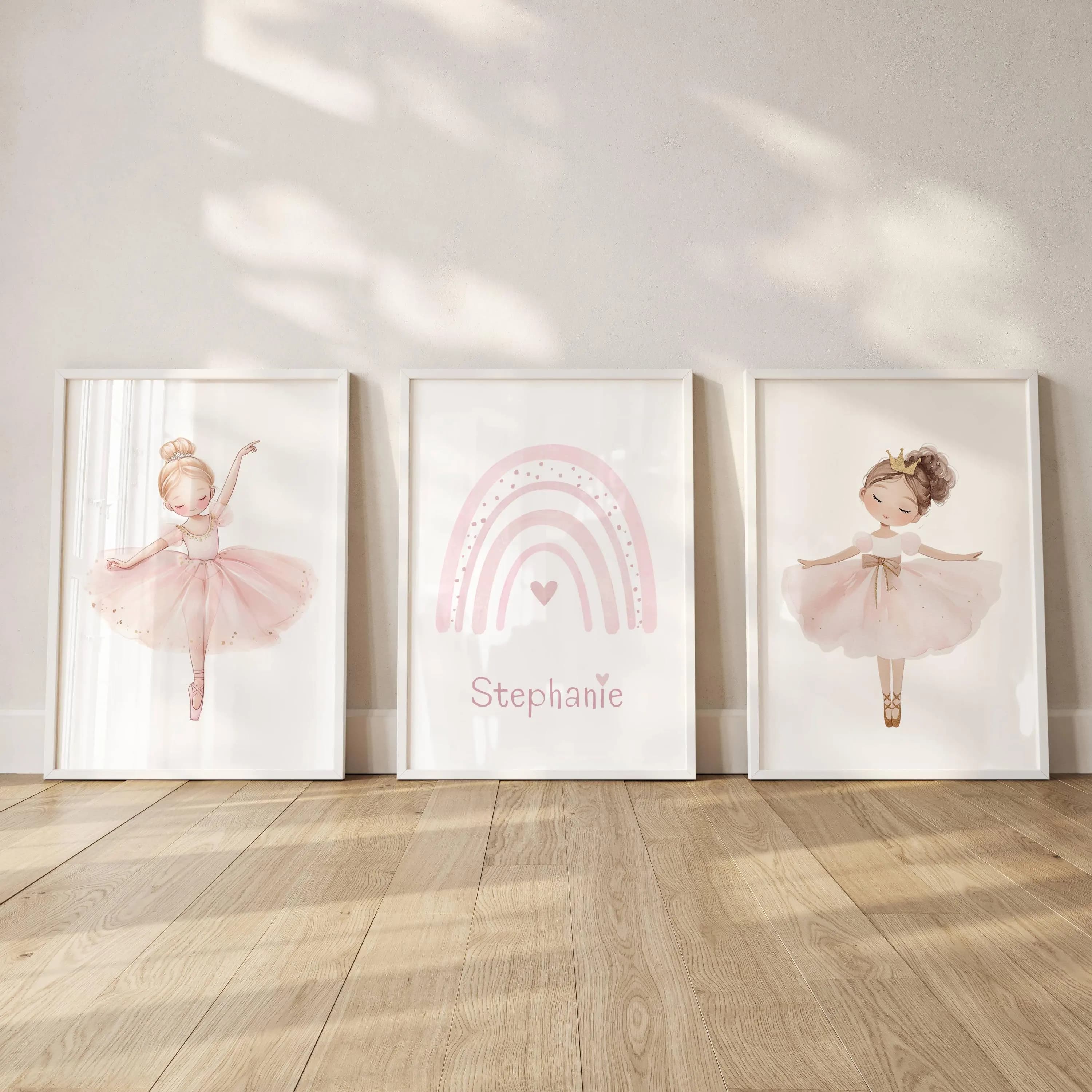 Ballerina Wall Art Set of 3 | Custom Name Nursery Prints | Pink Princess Ballet Decor | Custom Nursery Wall Art | Pastel Colours