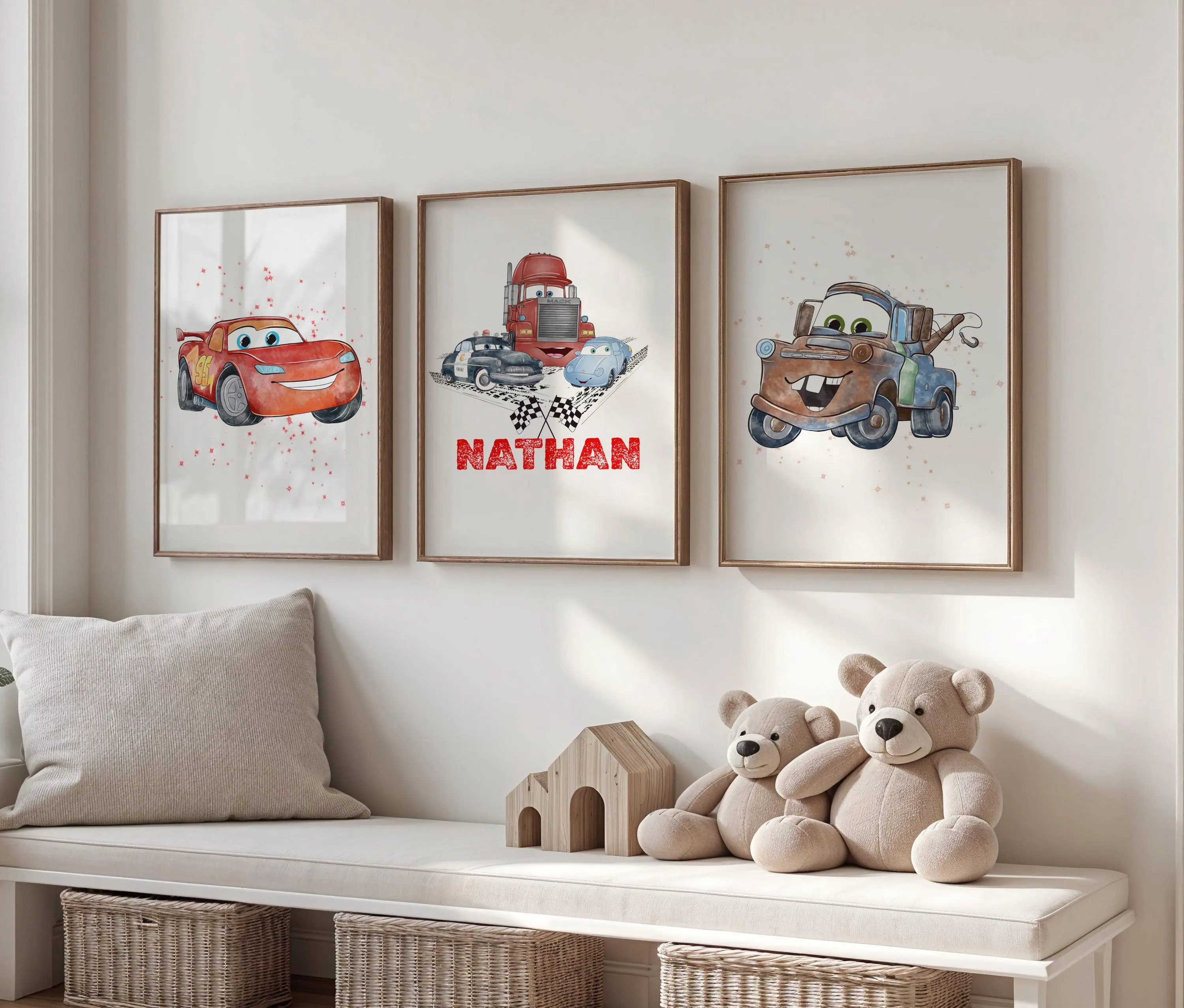 Lighting McQueen Set of 3 Nursery Wall Art Prints, Custom Cars Movie Watercolor Prints, Nursery Decor, Boy Playroom Prints, DIGITAL DOWNLOAD