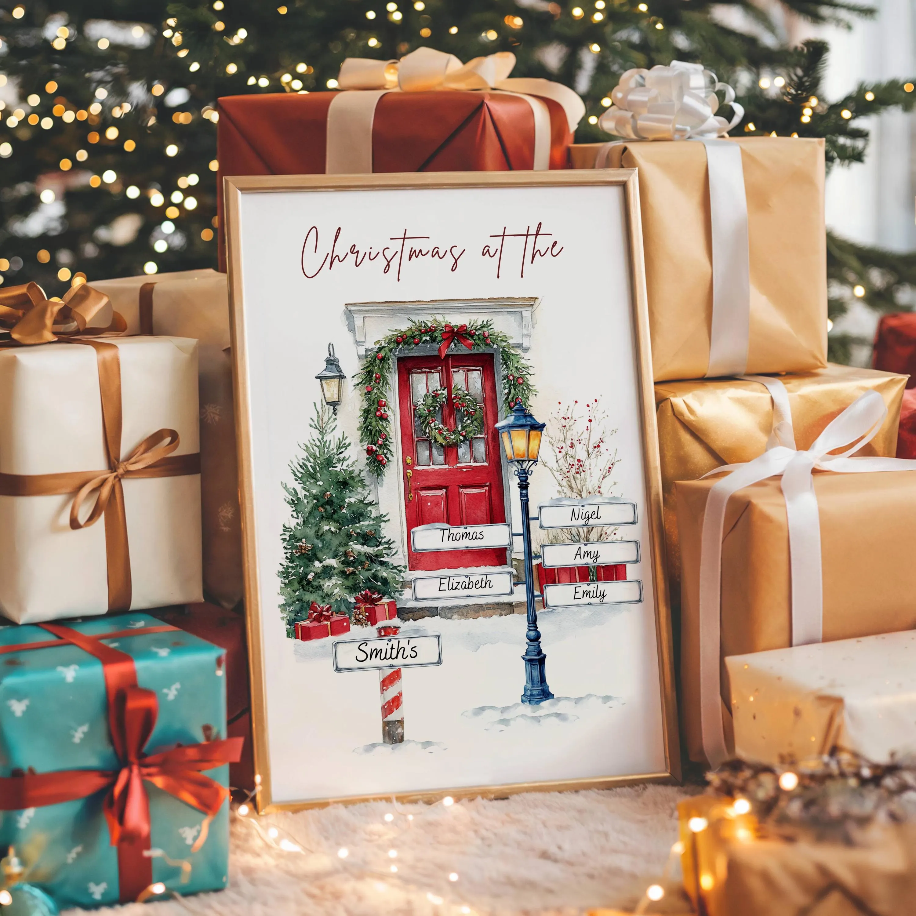 Personalised Christmas Family Door Print, Custom Family Name Wall Art Winter Watercolor (Digital Download)