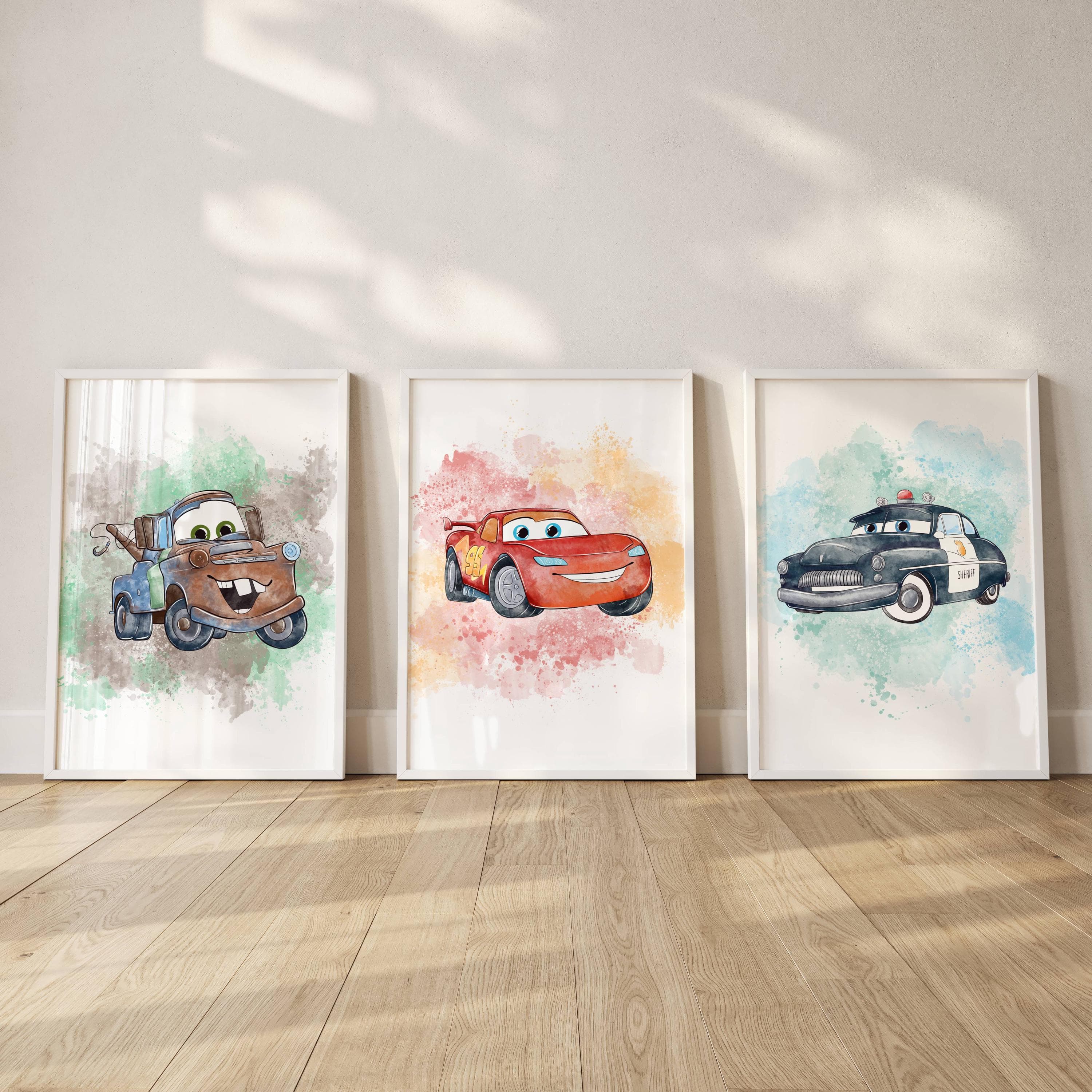 Cars Movie Watercolor Prints: Lightning McQueen, Mater, Sheriff (Digital Download)