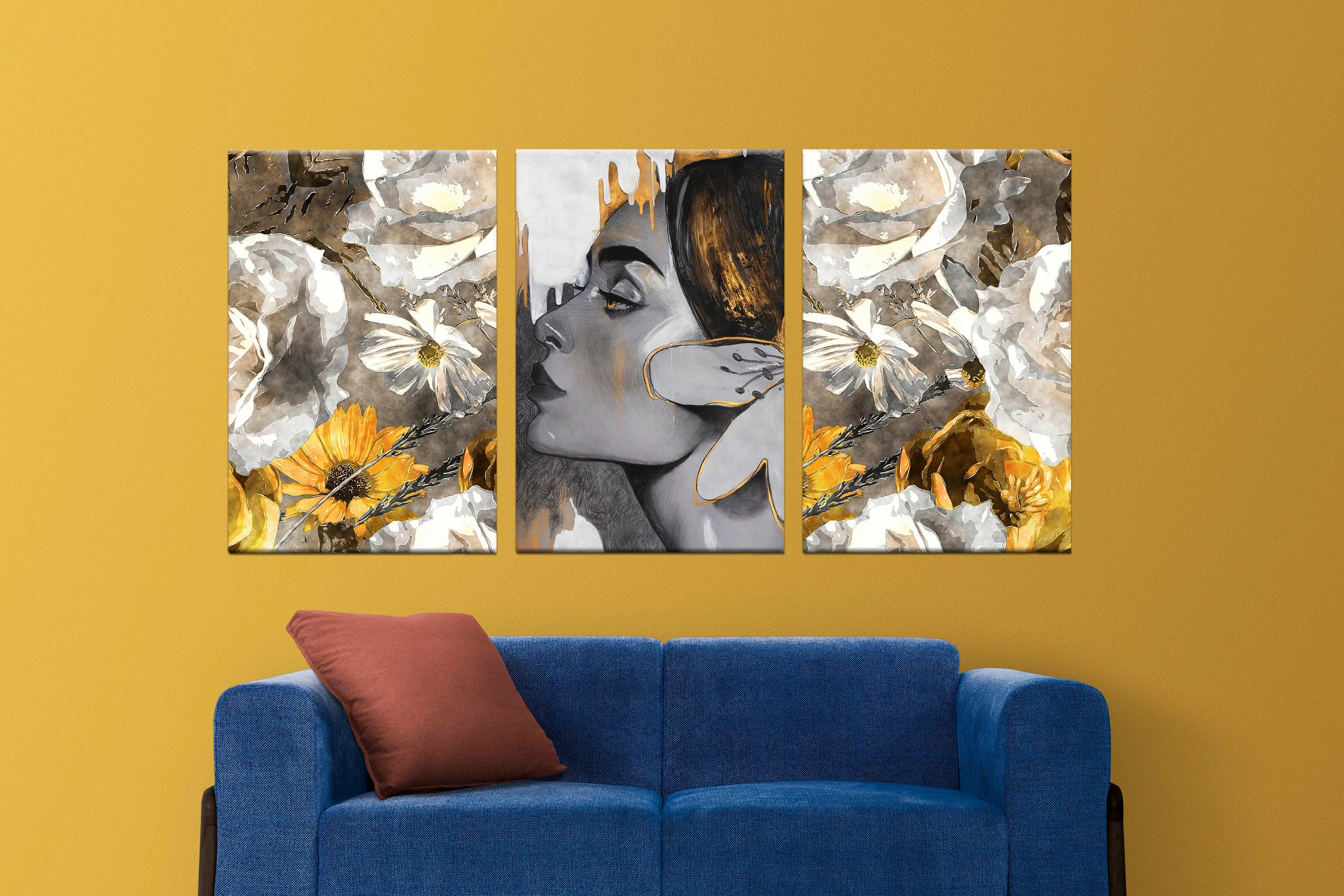 Fantasy woman portrait,woman with flowers,black-yellow,Acrylic-oil on canvas,on gray background,white-gold yellow,rose,aster,canvas design - image 5