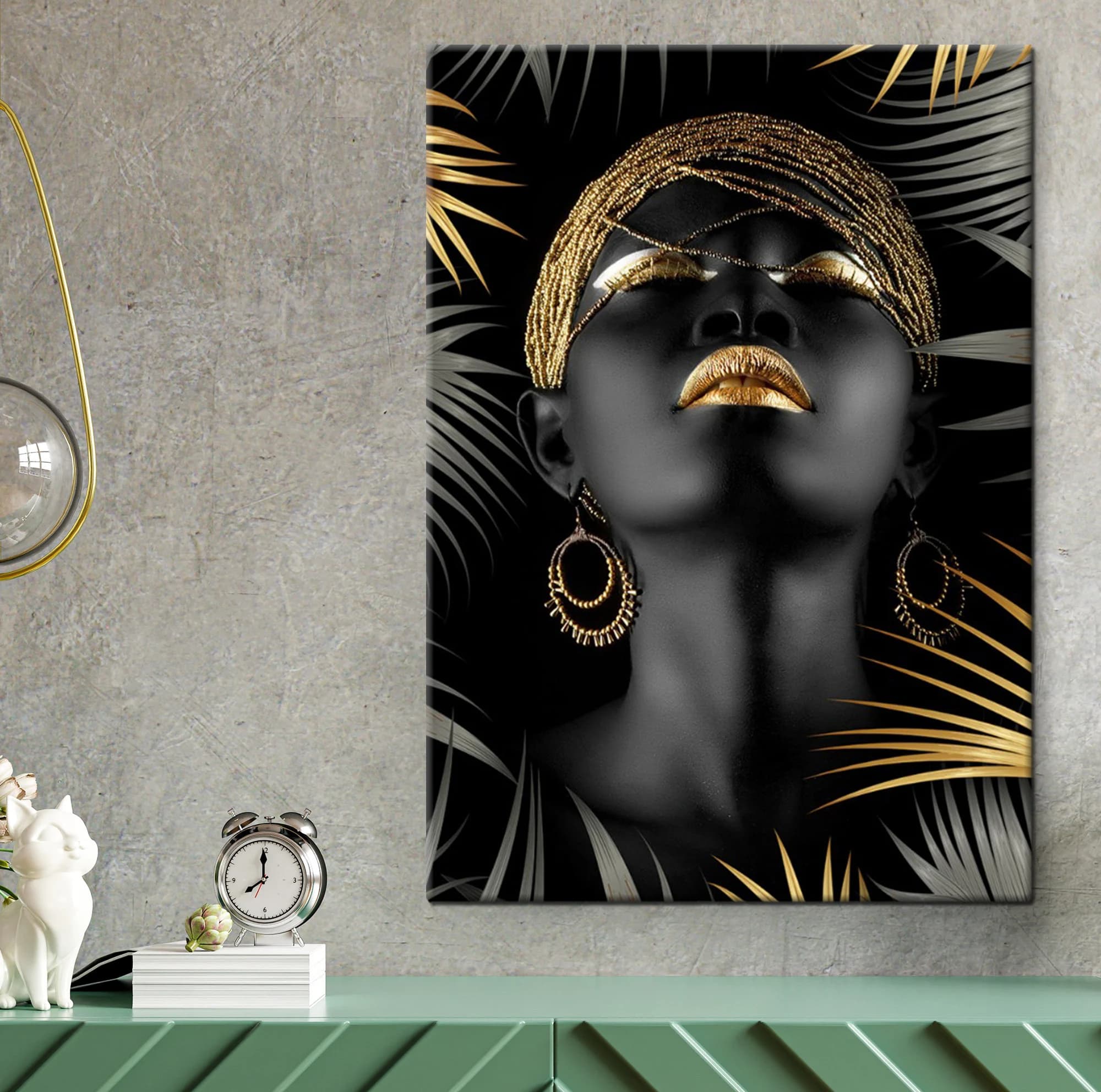African Woman Canvas, Golden Palm leaves, Gold accessory, Modern Black Woman, Wall Art Poster, Elegant Woman, Home Decor Living Room - image 5