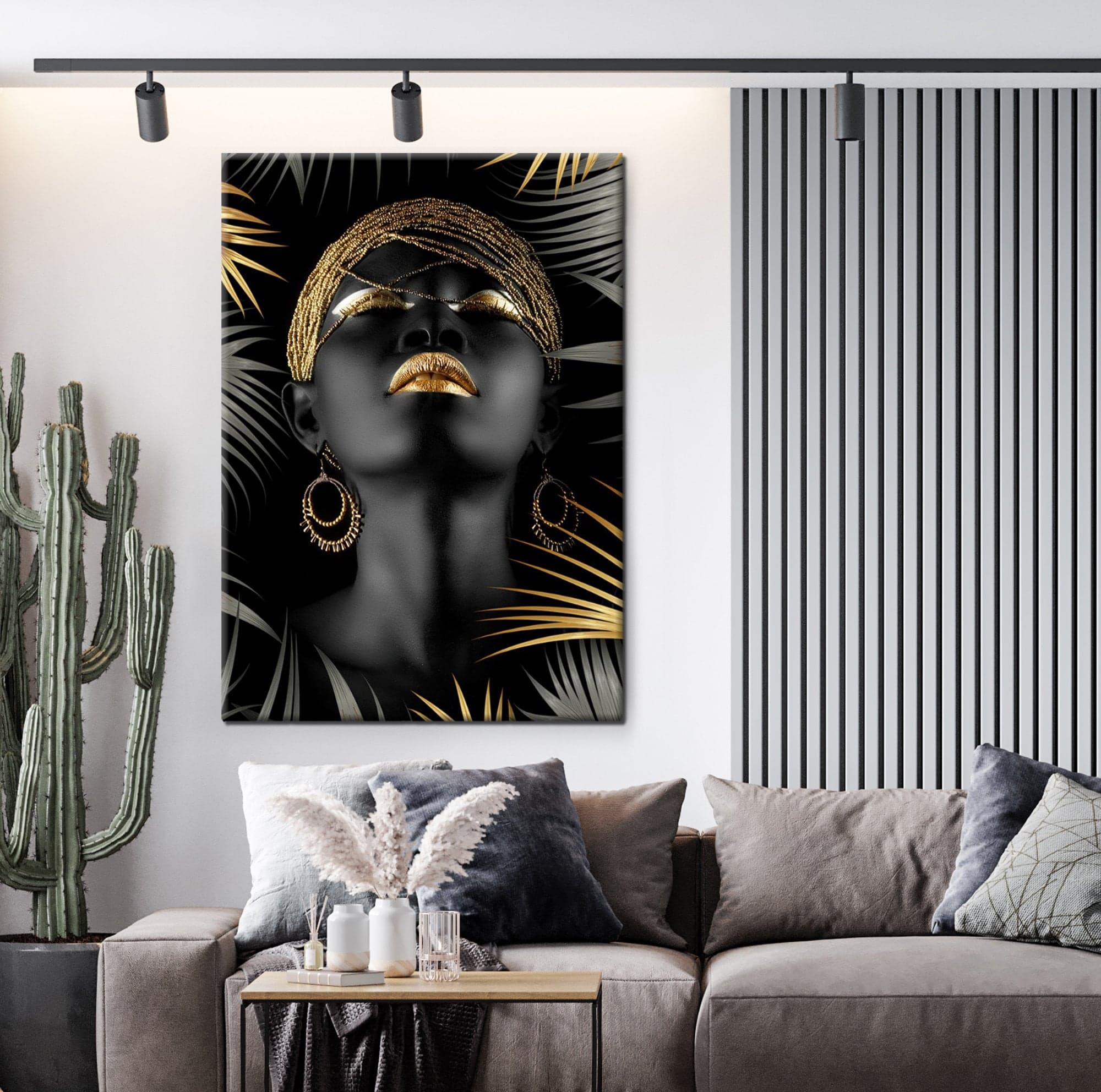African Woman Canvas, Golden Palm leaves, Gold accessory, Modern Black Woman, Wall Art Poster, Elegant Woman, Home Decor Living Room - image 4