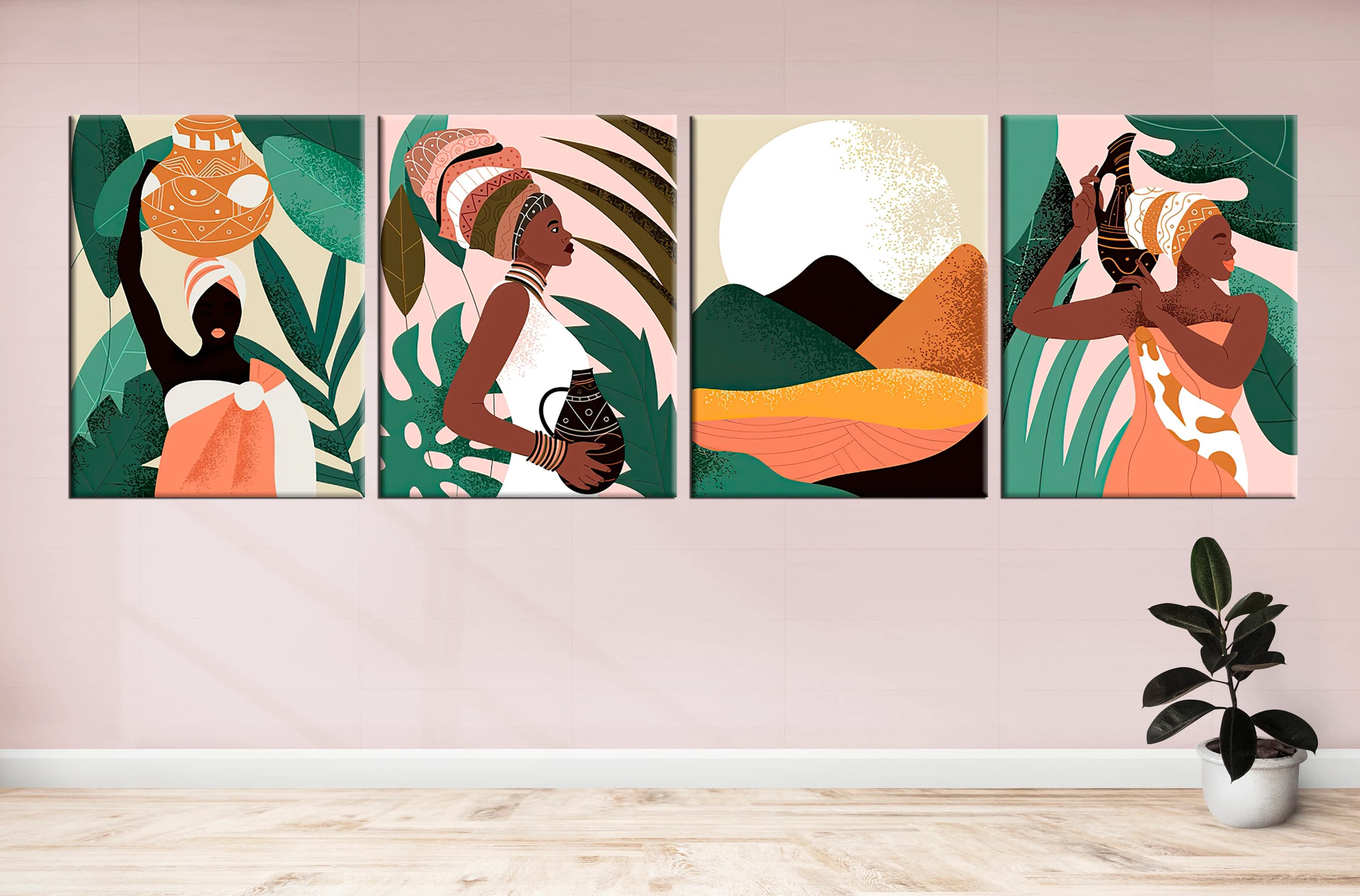 African women,Wearing traditional clothes,4-piece decor design,Woman holding jug,Colorful design,Palm leaves,Moon,Mountain,Stylized design - image 3