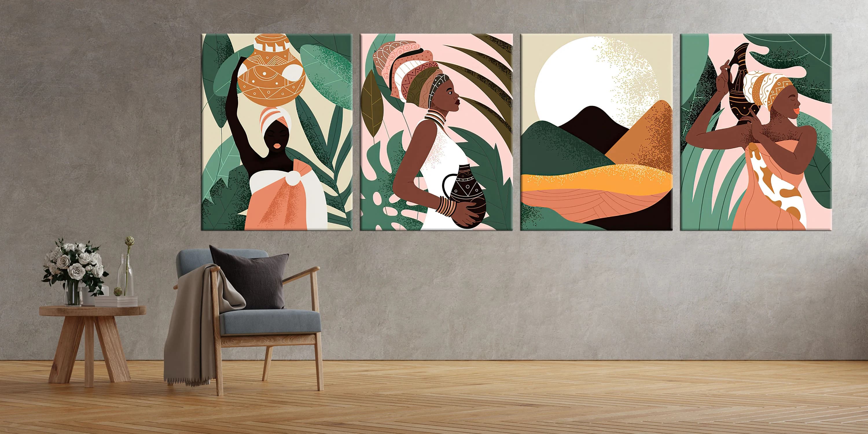 African women,Wearing traditional clothes,4-piece decor design,Woman holding jug,Colorful design,Palm leaves,Moon,Mountain,Stylized design - image 4
