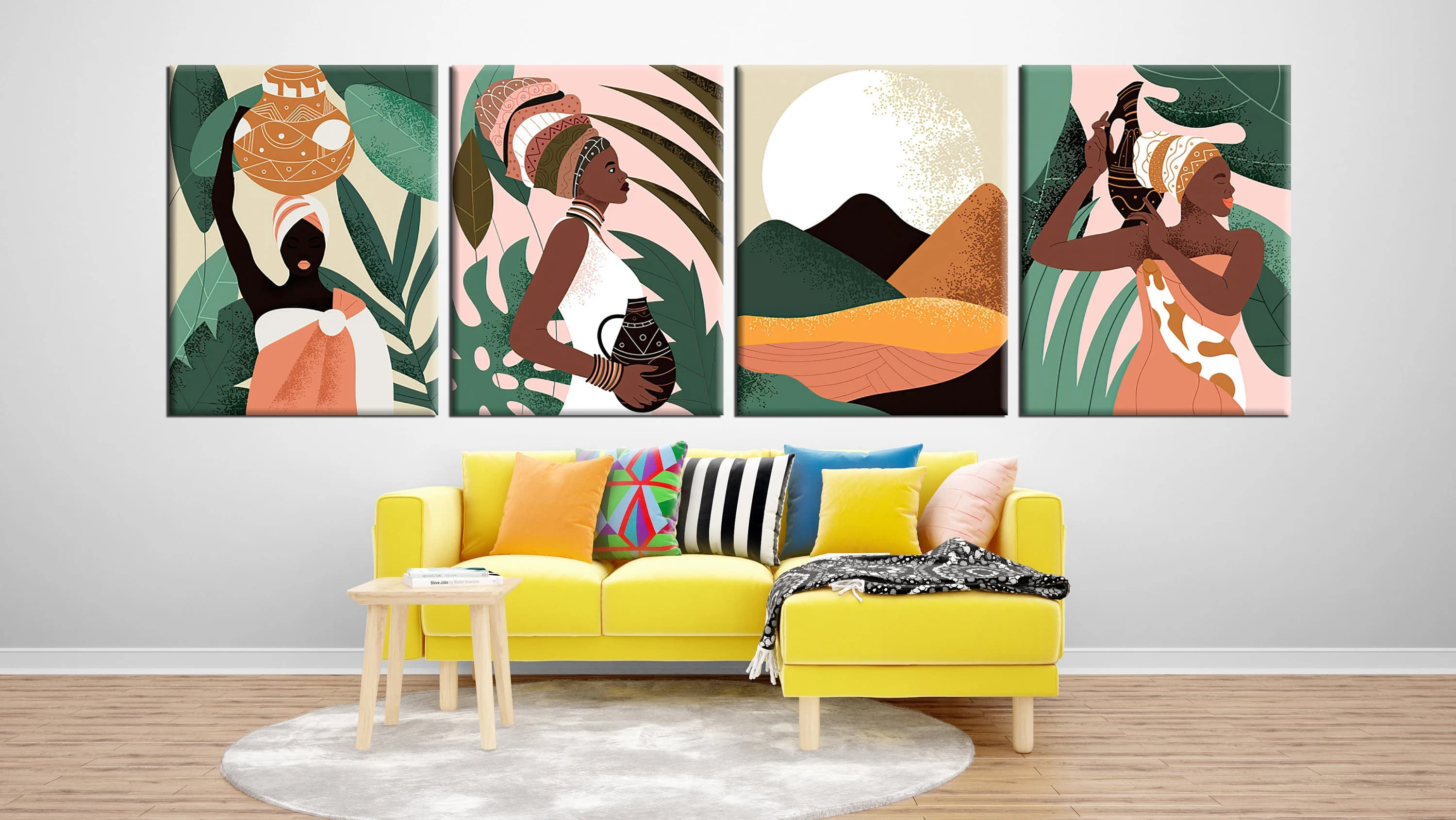 African women,Wearing traditional clothes,4-piece decor design,Woman holding jug,Colorful design,Palm leaves,Moon,Mountain,Stylized design - image 5