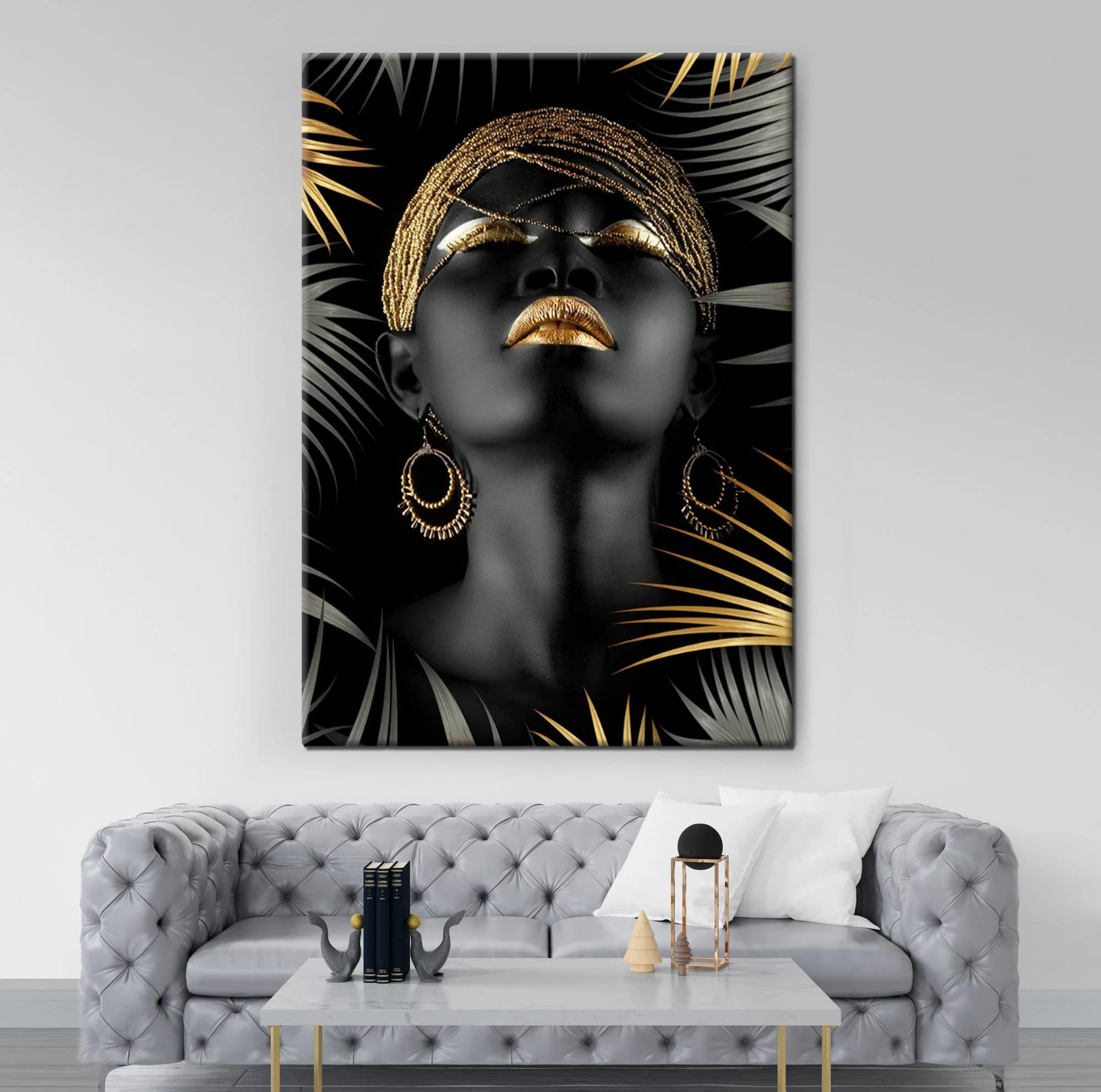 African Woman Canvas, Golden Palm leaves, Gold accessory, Modern Black Woman, Wall Art Poster, Elegant Woman, Home Decor Living Room - image 3