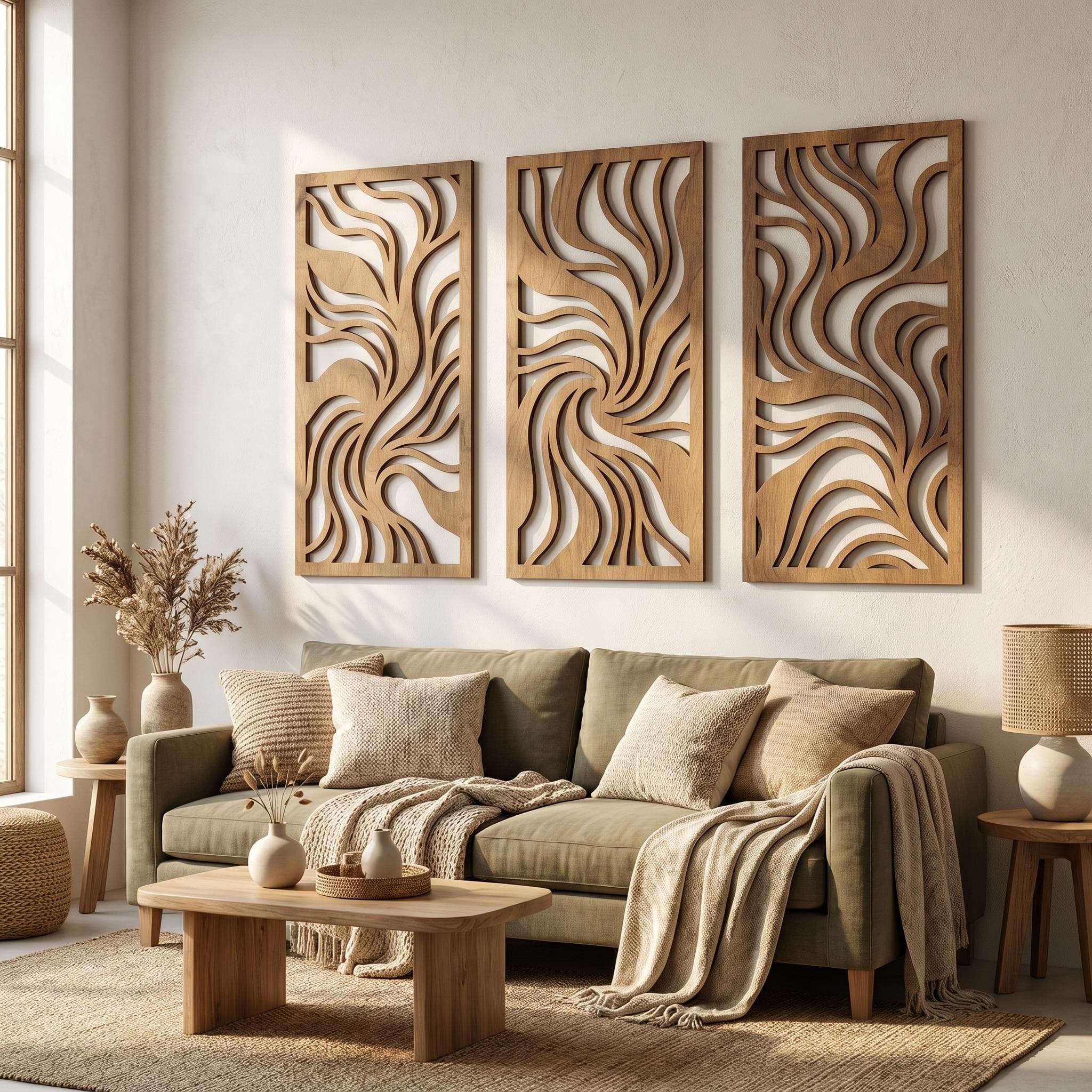 Three tall rectangular wooden wall panels displayed as abstract triptych wall art above a neutral sofa. Each high-quality plywood panel has a warm natural wood finish, visible grain, and flowing laser-cut wave patterns that curve into organic spiral forms. Open cutouts reveal the light wall behind and cast soft dimensional shadows. The set creates a Japandi, wabi sabi, and organic modern focal point for living room or above bed decor.
