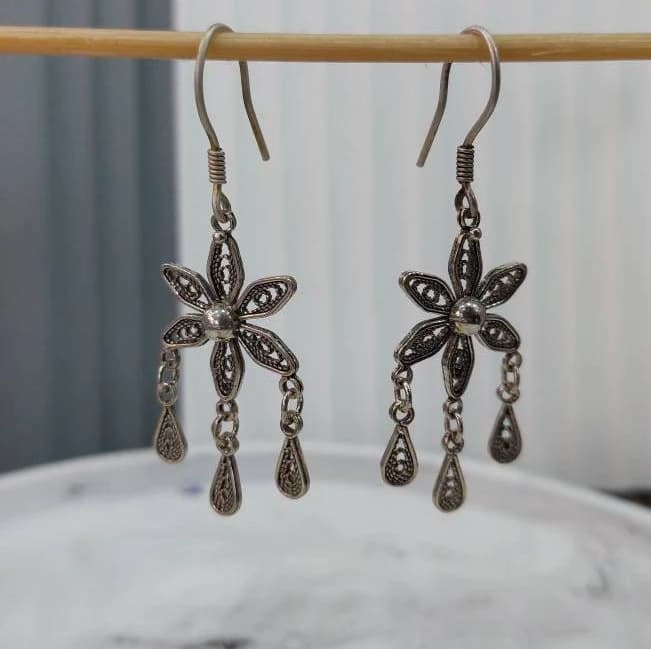 Special Design 925K Silver Flover Hoop Earrings, Bohemian Hoop Earrings, Merdin/Mardin Telkari Handmade Earrings, Flower Folklore Earrings - image 4